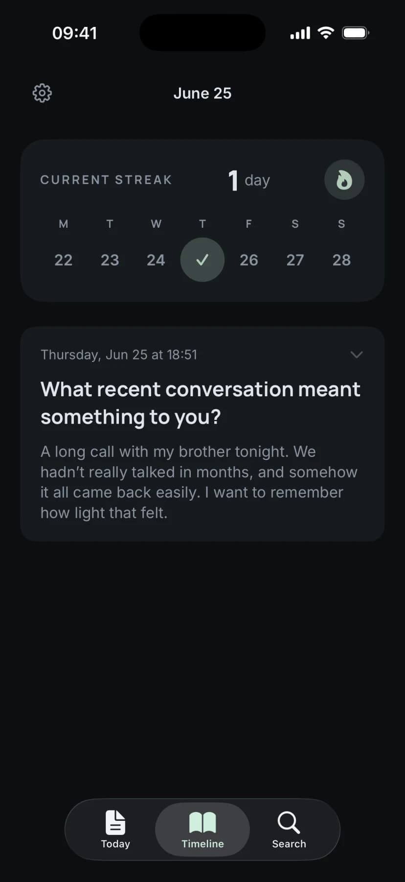 Gloam timeline showing a one day streak, a weekly calendar, and a saved entry