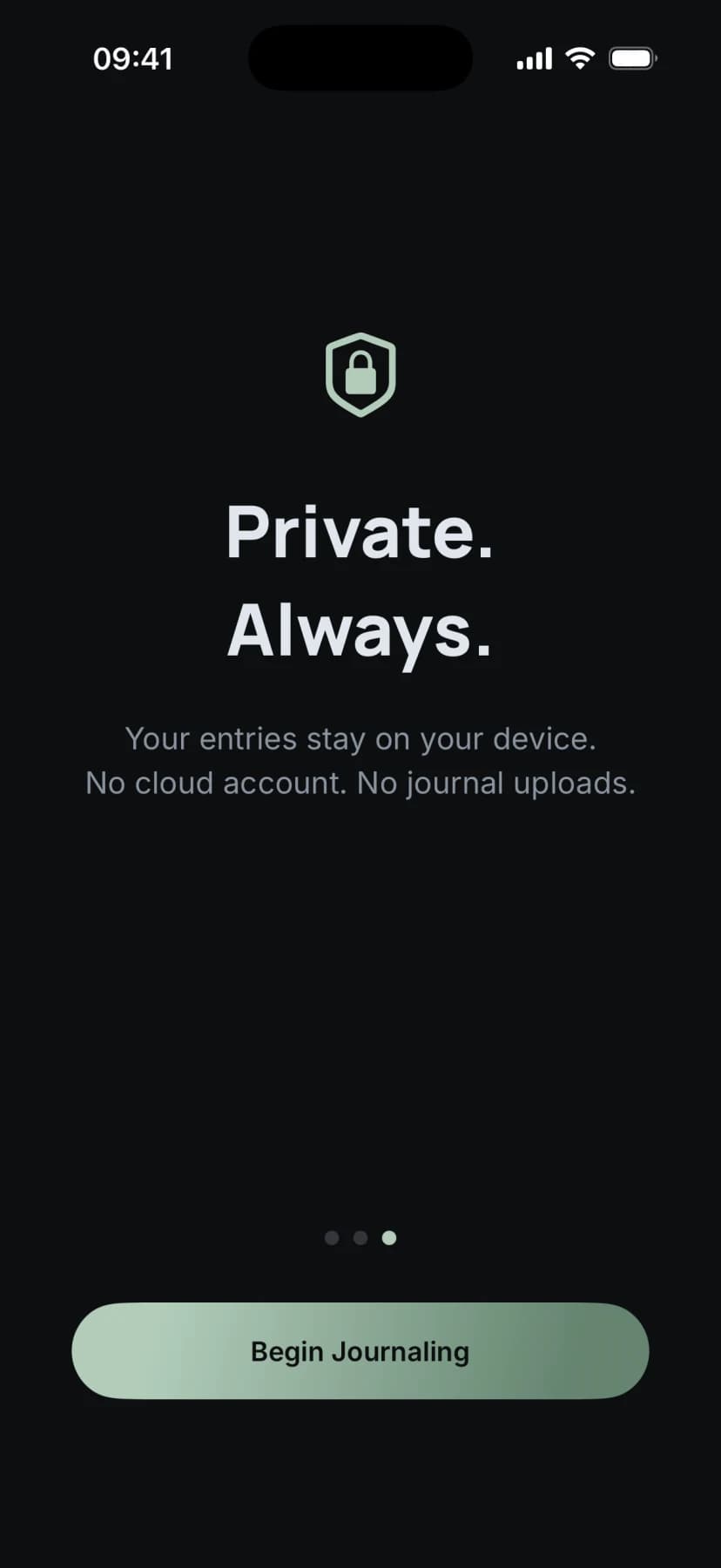 Gloam onboarding screen reading Private. Always.