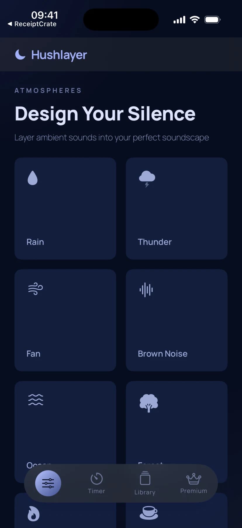 Hushlayer home grid of ambient sounds including rain, thunder, fan, and brown noise
