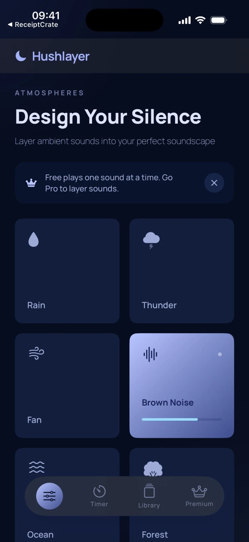 Hushlayer with an ambient sound playing and a volume slider