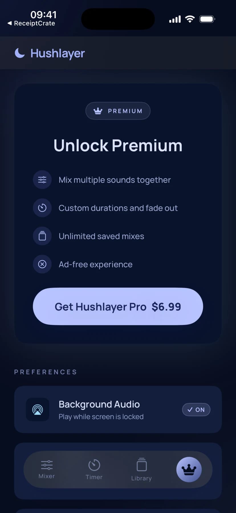Hushlayer Premium screen listing sound layering, saved mixes, and custom timers