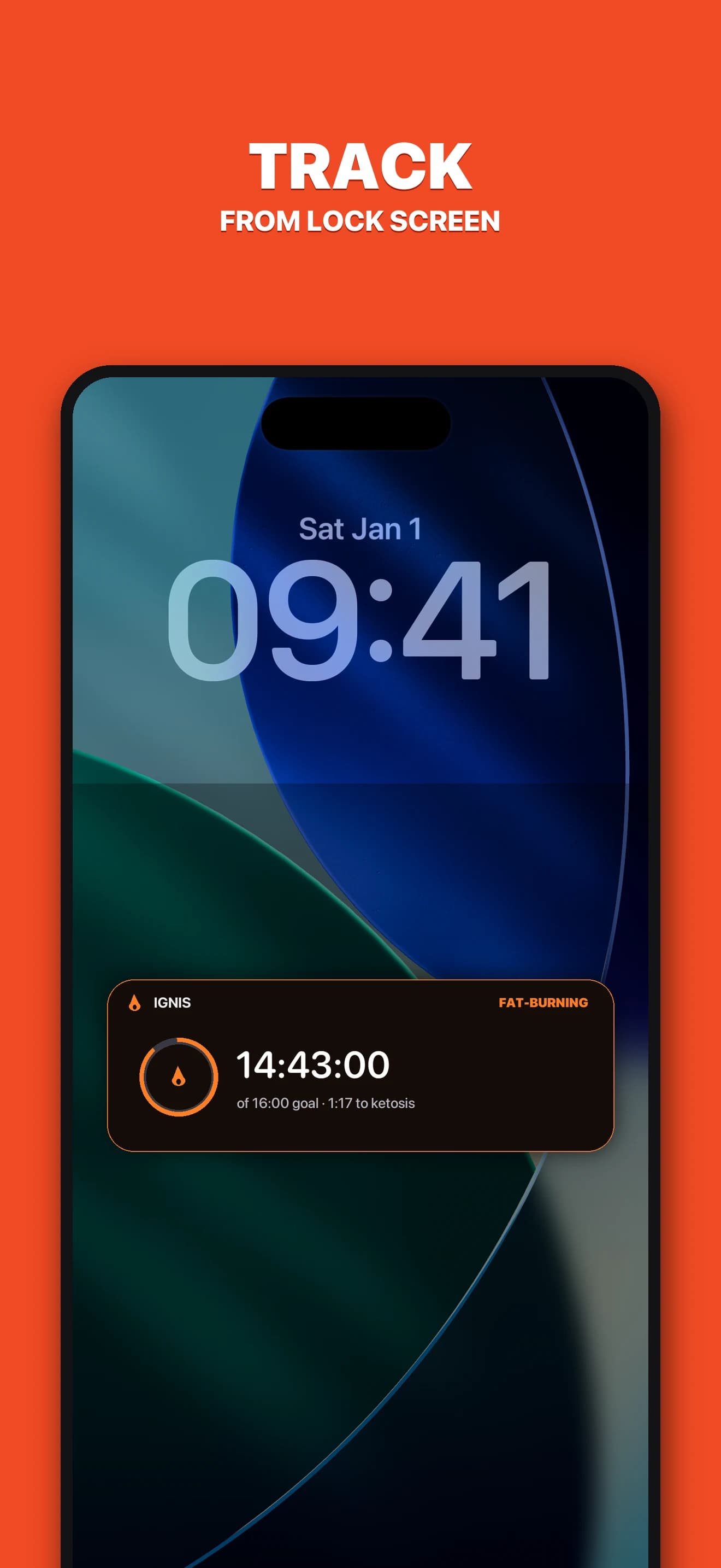 Ignis Pro Lock Screen Live Activity showing an active 16:8 fast