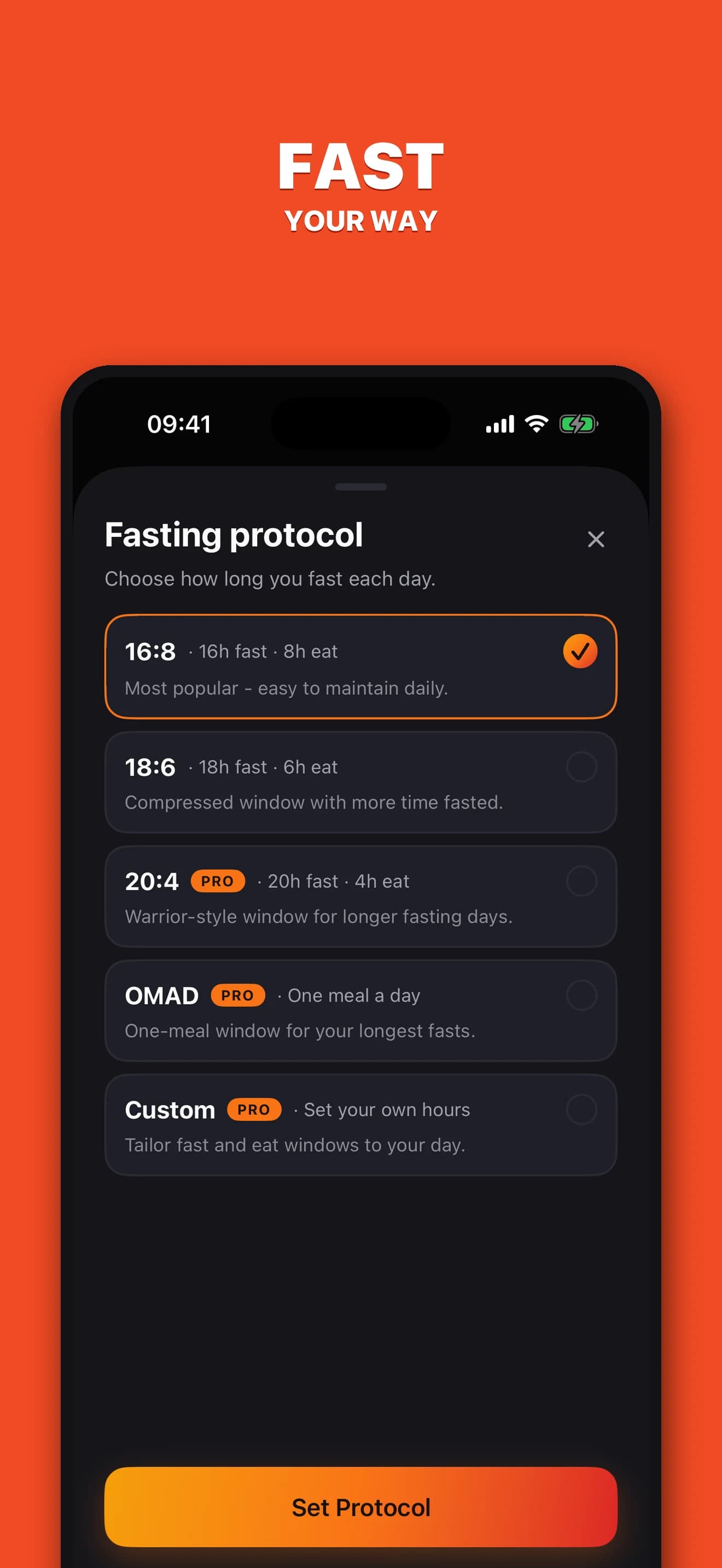 Ignis fasting protocol picker showing 16:8, 18:6, 20:4, OMAD, and custom
