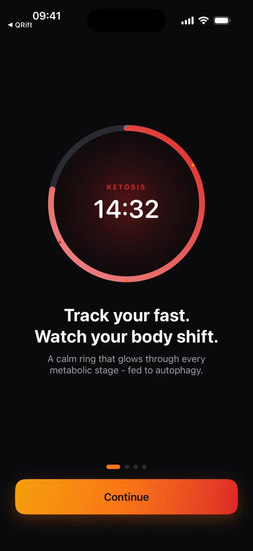 Ignis onboarding screen with a glowing fasting ring reading ketosis at 14 hours 32 minutes