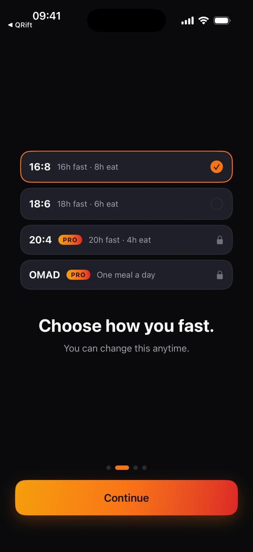 Ignis protocol picker with 16:8, 18:6, 20:4, and OMAD fasting schedules