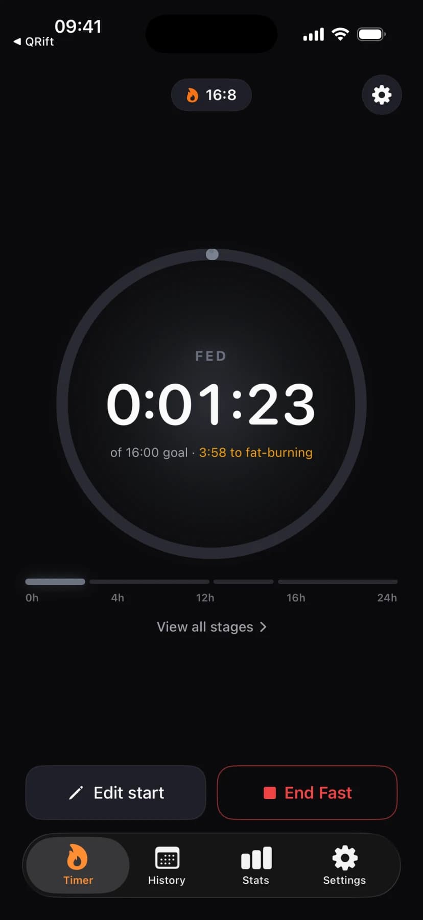 Ignis active fast timer ring showing elapsed time and time remaining to fat-burning