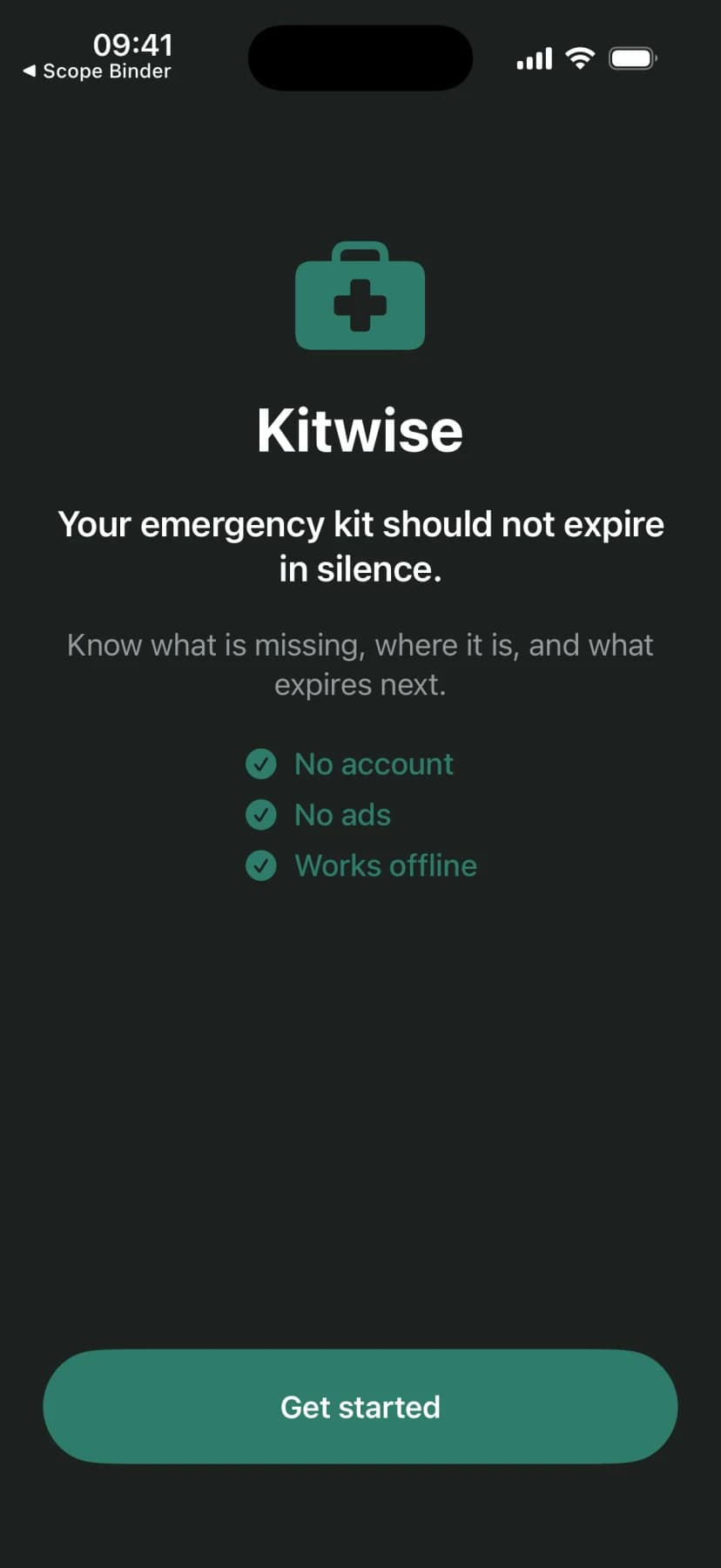 Kitwise intro screen reading your emergency kit should not expire in silence