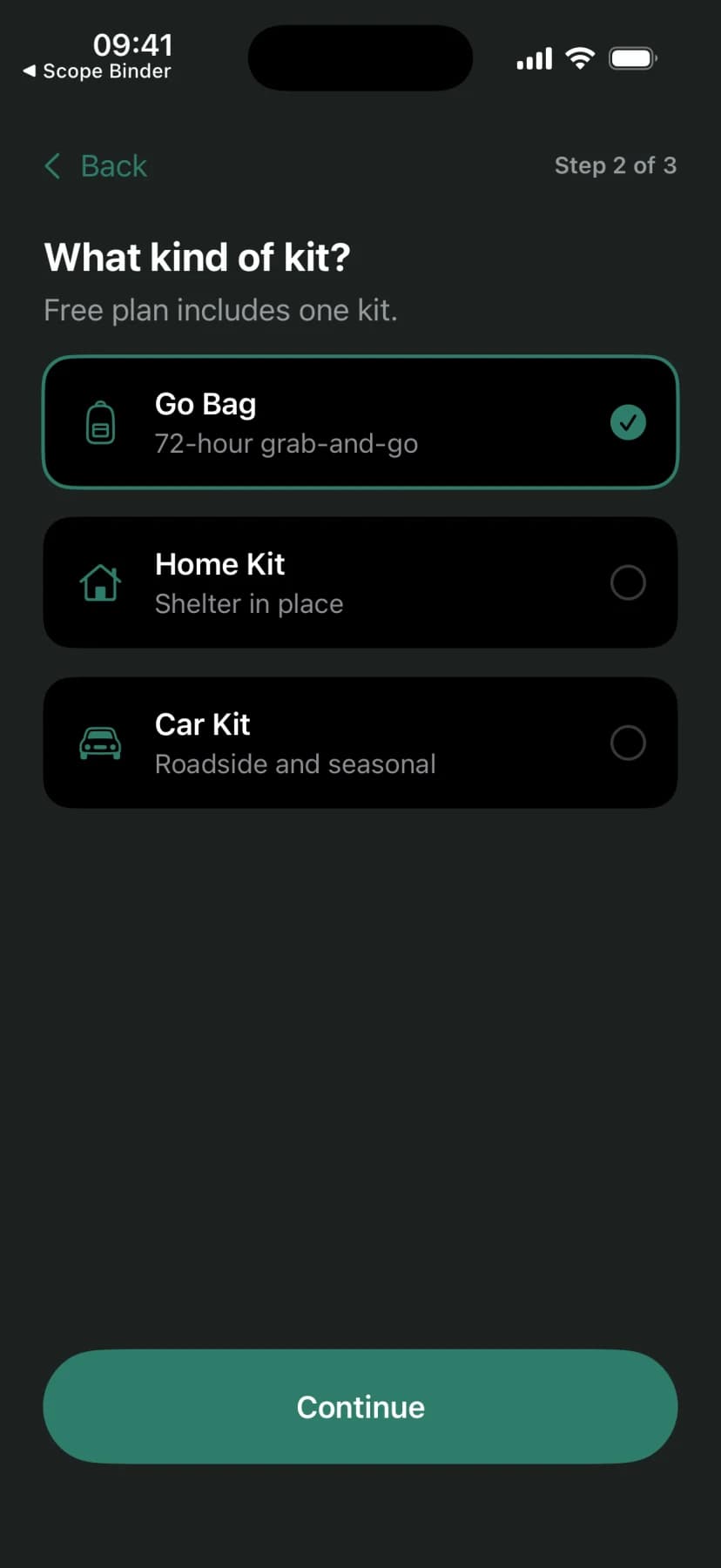 Kitwise kit type picker for a go bag, home kit, or car kit