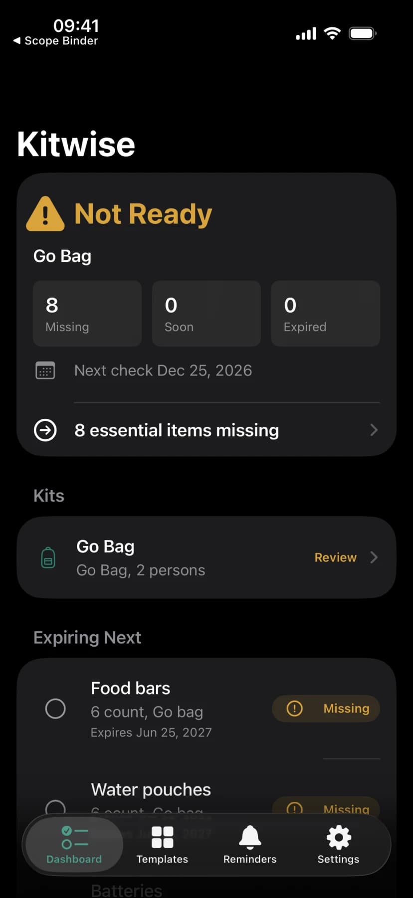 Kitwise dashboard showing kit readiness with missing, soon, and expired counts and the next items expiring