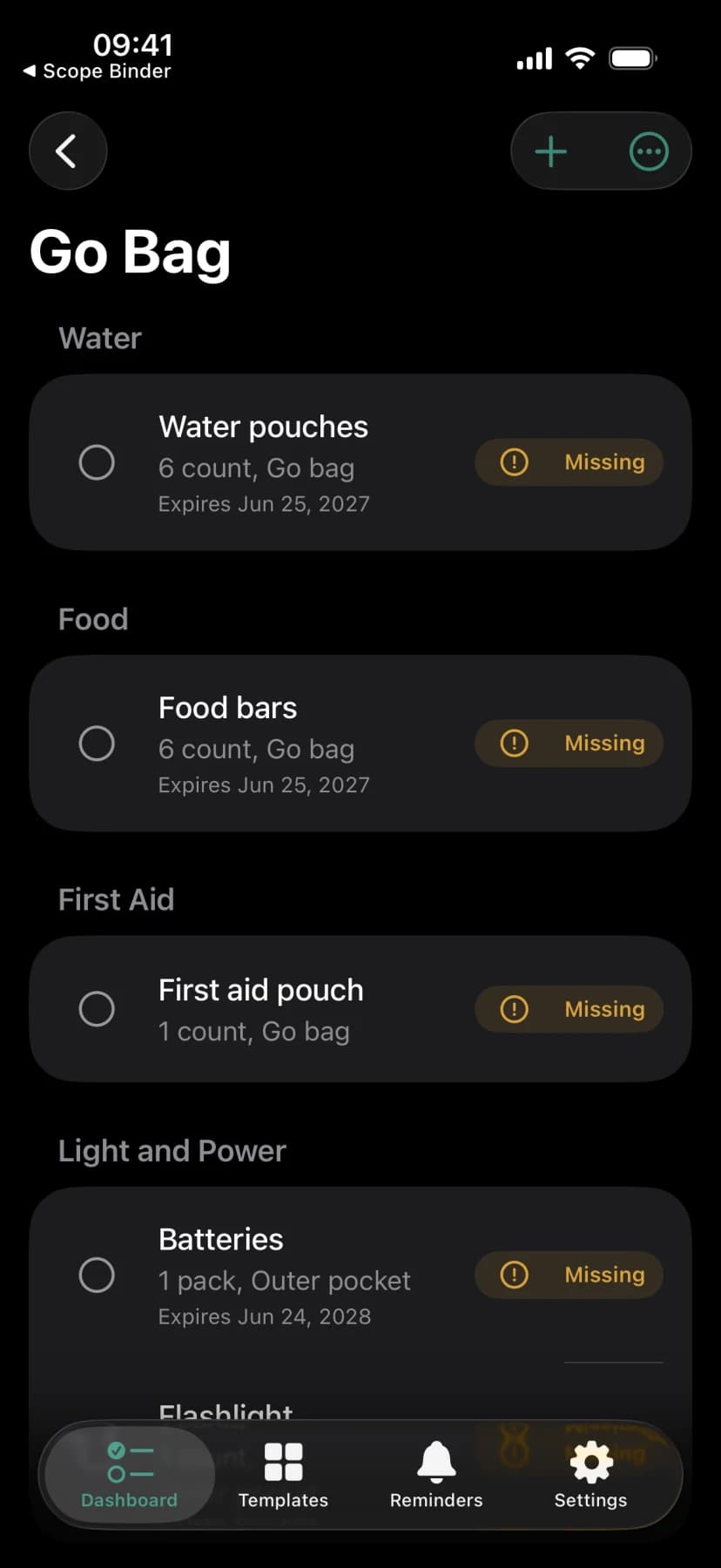 Kitwise kit checklist with items grouped by category showing counts, storage, and expiry dates