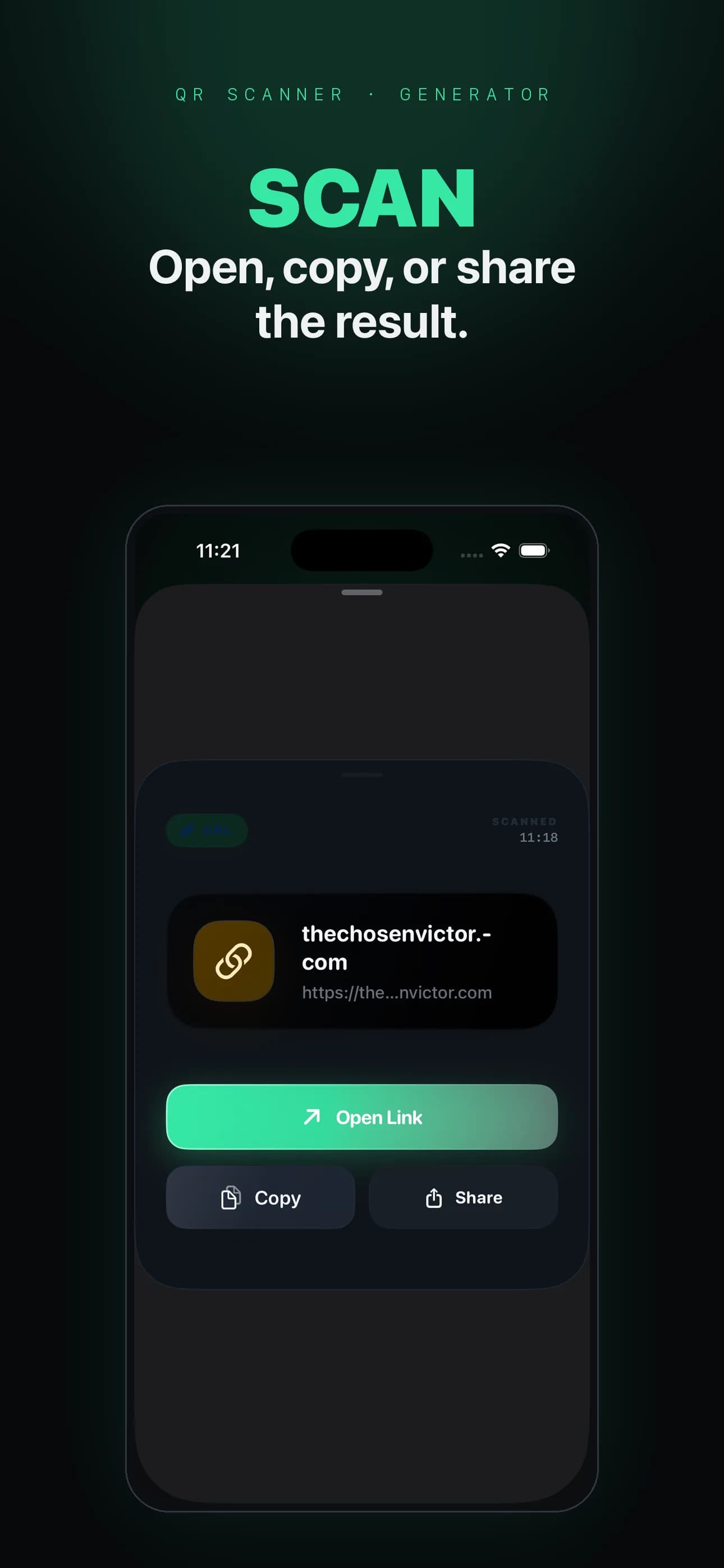 QRift successful scan result showing Open Link, Copy, and Share actions