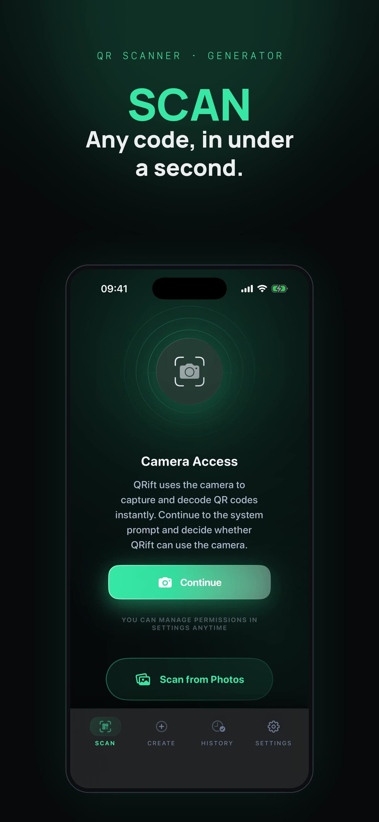 QRift scan screen with a camera scan frame and a scan from photos option
