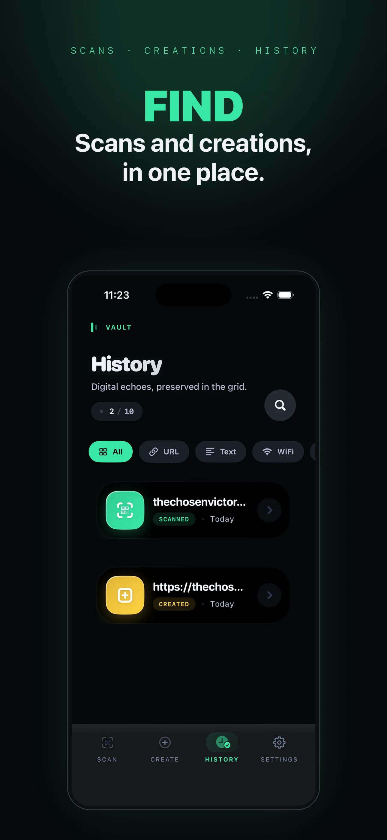 QRift History showing one scanned URL and one created URL