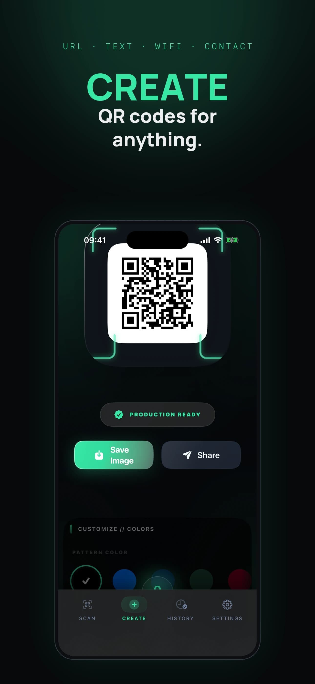 QRift create screen with type tabs for URL, text, WiFi, and contact