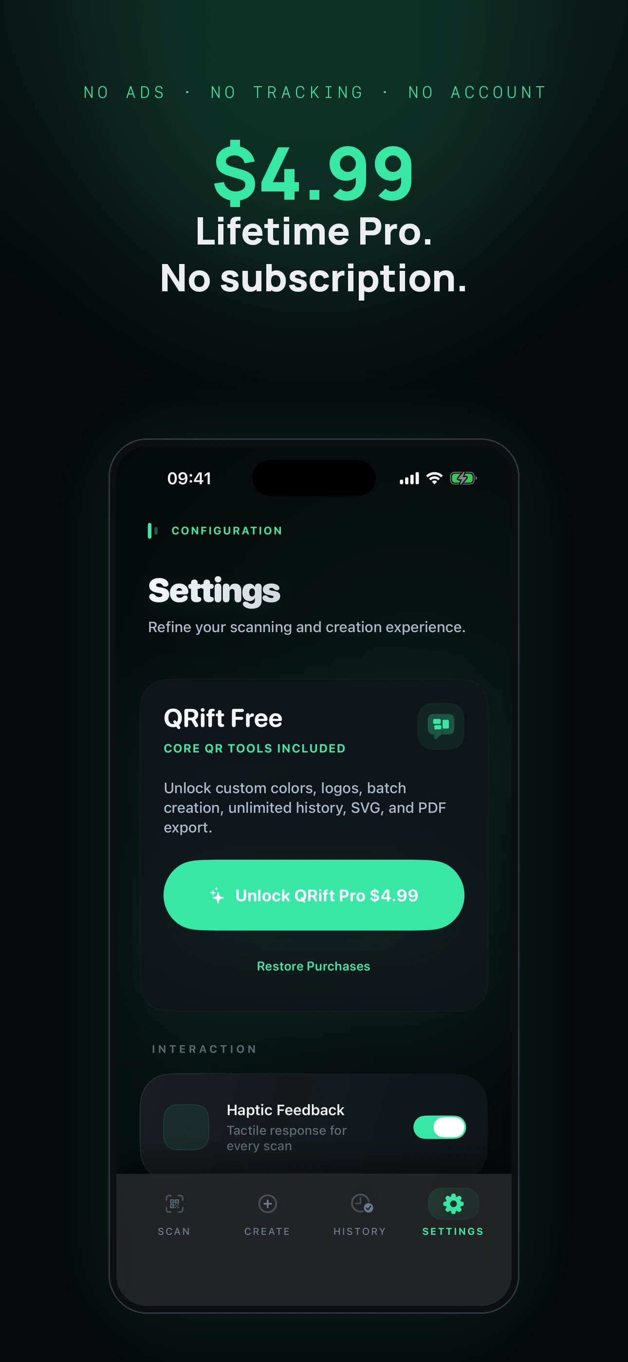 QRift Pro settings screen showing the one-time lifetime upgrade