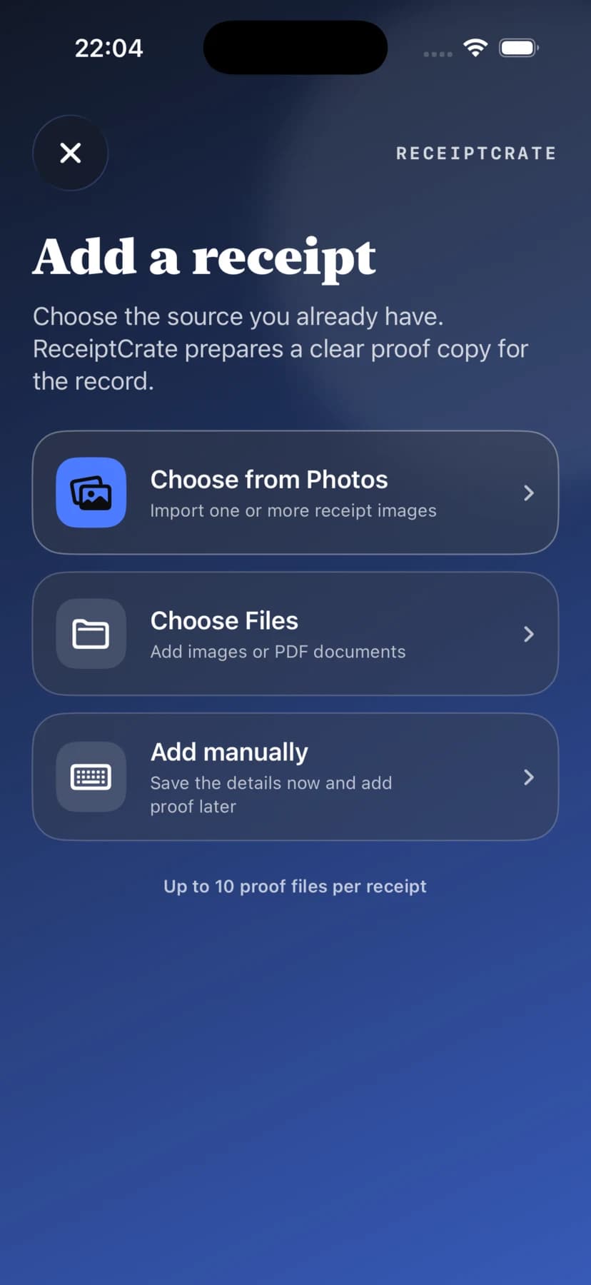 ReceiptCrate add receipt screen with Photos, Files, and manual entry choices