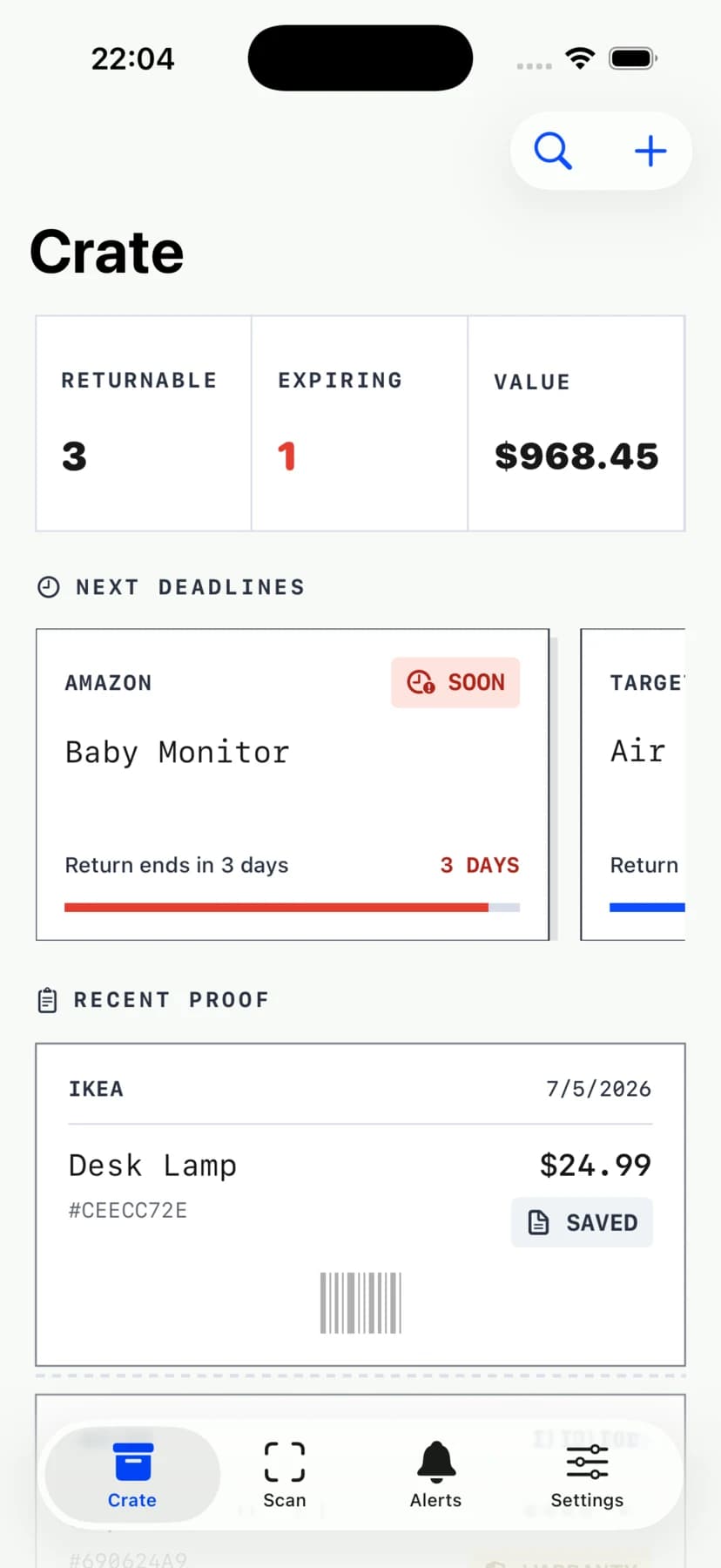 ReceiptCrate dashboard showing saved proof and upcoming return deadlines