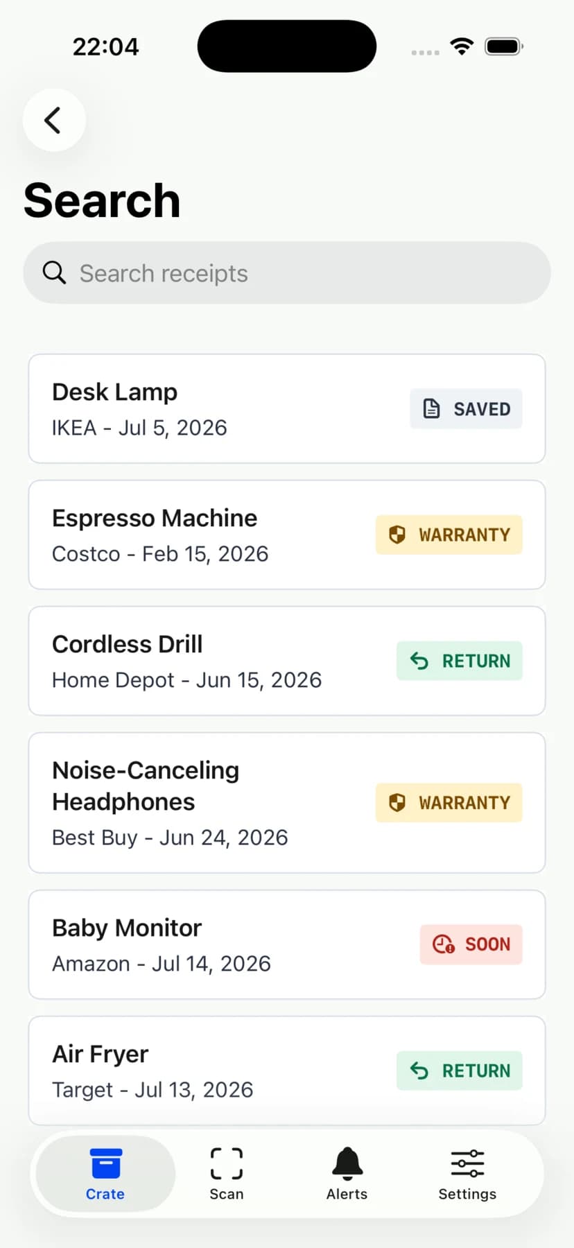 ReceiptCrate search results for saved proof of purchase
