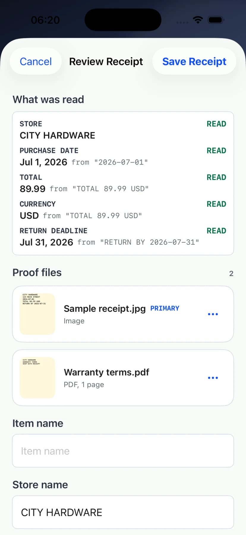 ReceiptCrate item showing multiple image and PDF proof files with Lifetime Pro