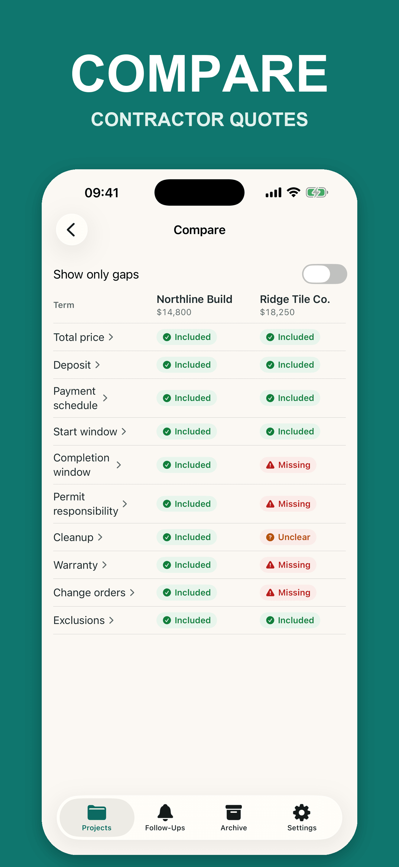 Scope Binder comparison screen showing three fictional contractor quotes and their included, missing, and unclear terms