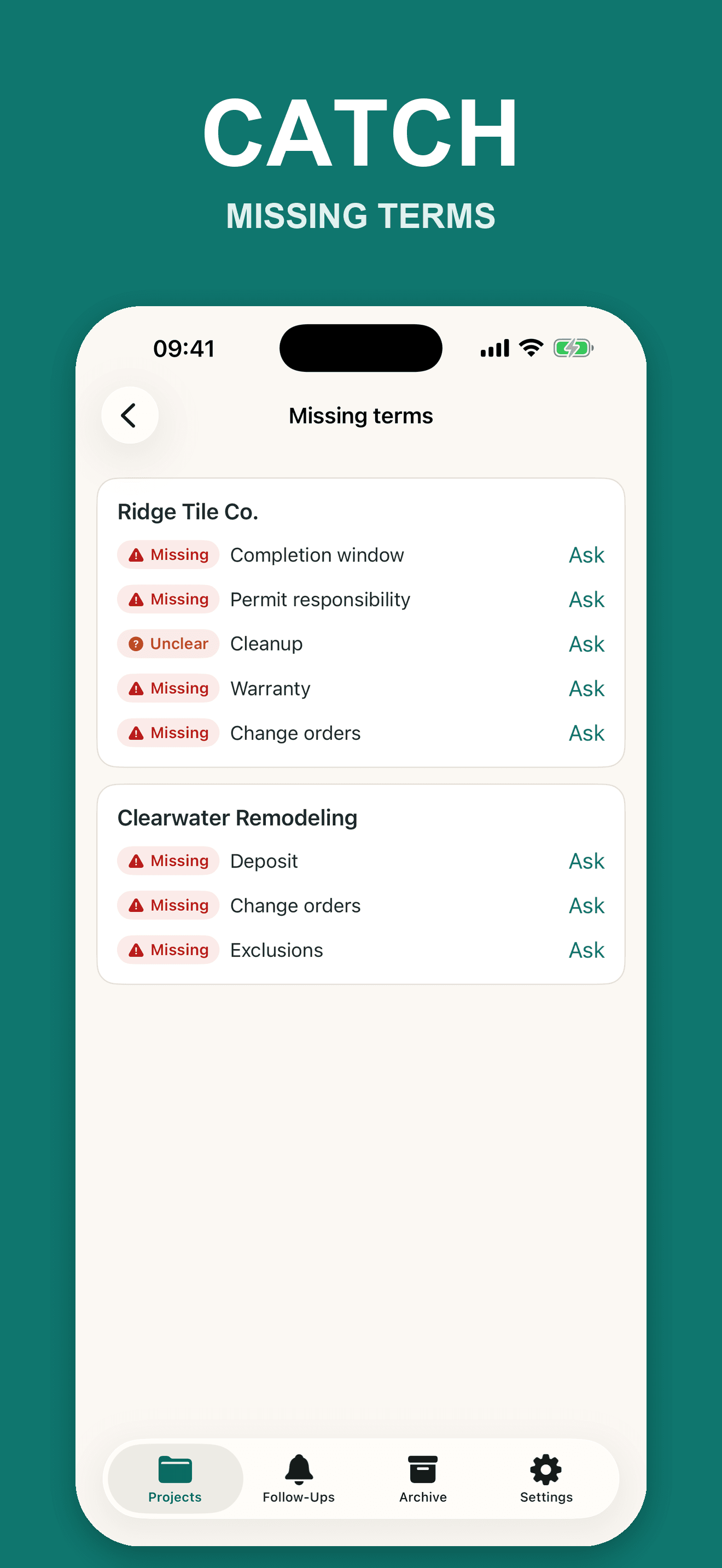 Scope Binder missing terms screen listing fictional unanswered quote details by contractor