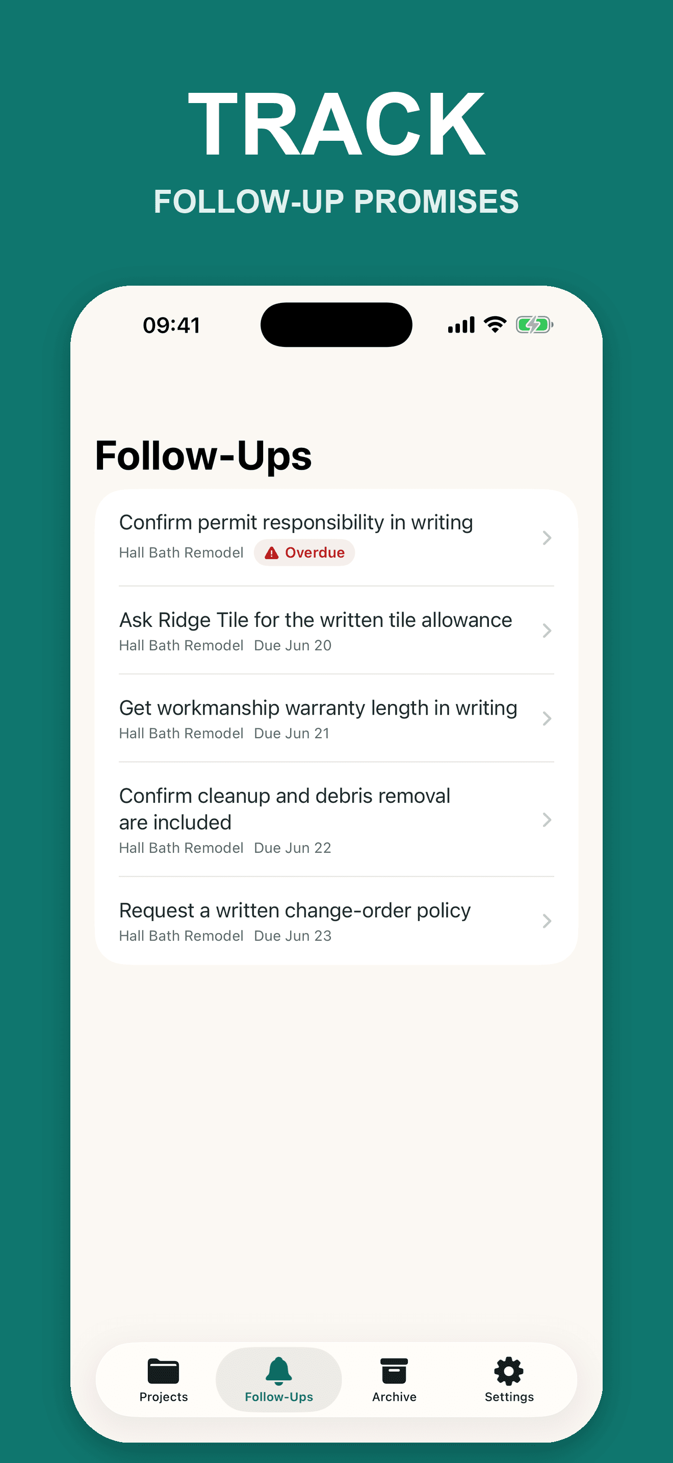 Scope Binder follow-ups screen showing fictional overdue and upcoming contractor questions