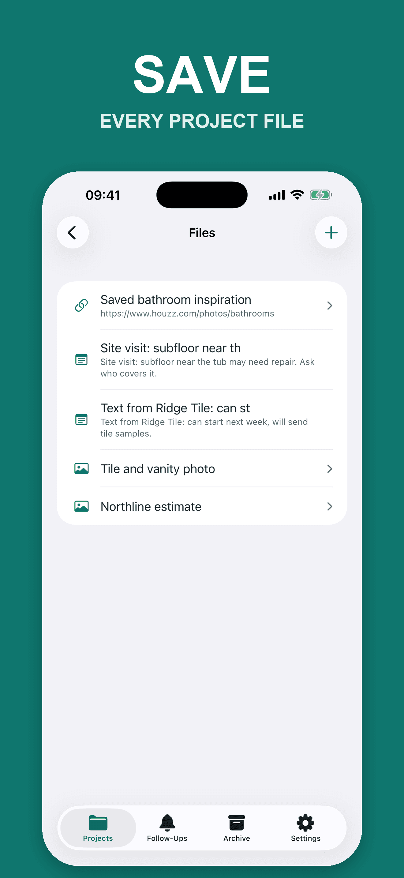 Scope Binder files screen showing fictional project notes, a saved inspiration link, a photo, and an estimate
