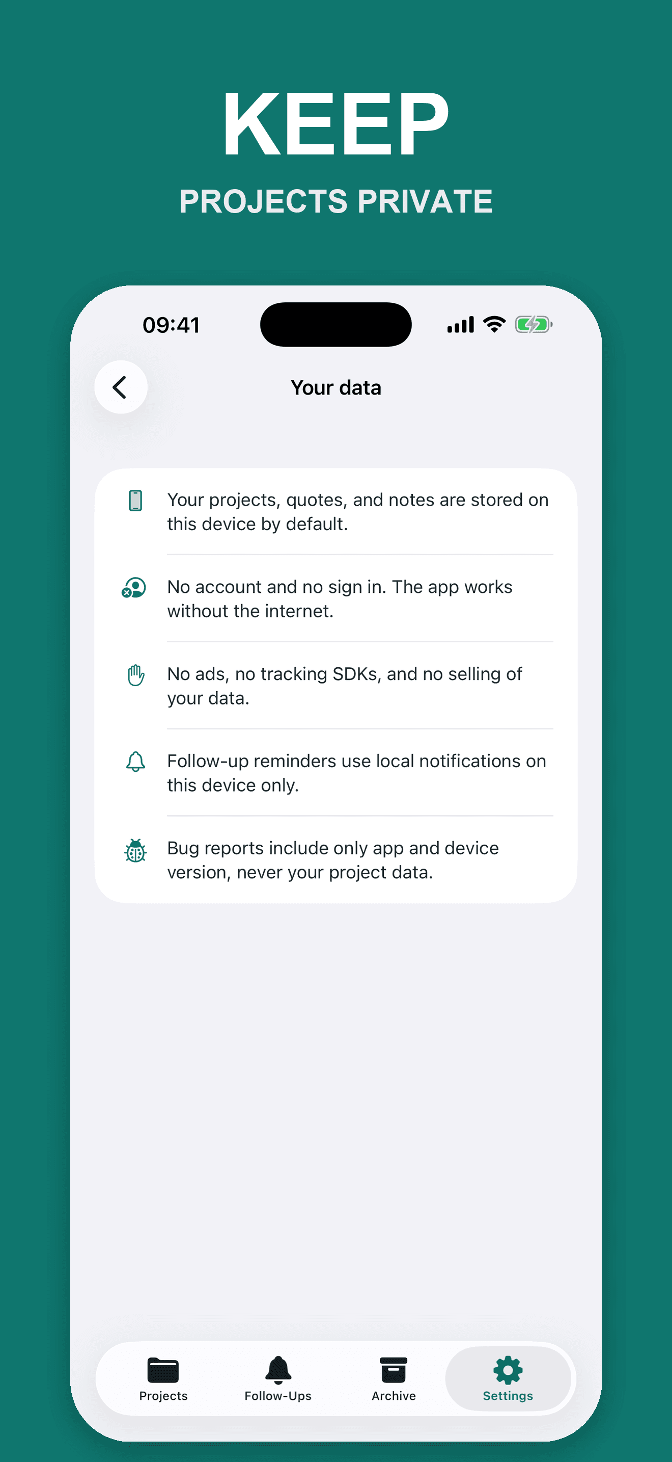 Scope Binder privacy screen explaining local storage, no account, no ads, and no tracking