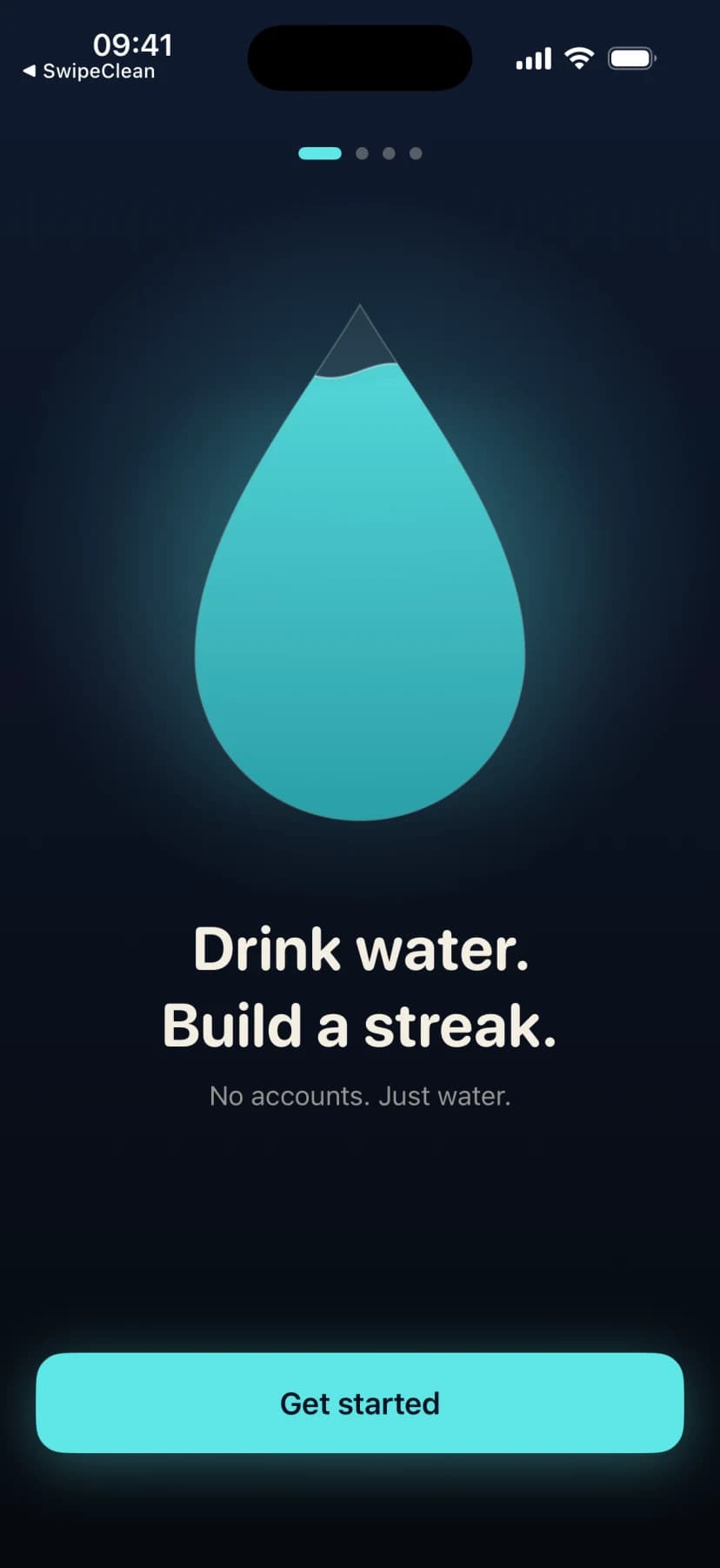 SipStreak onboarding screen with a large water drop reading drink water build a streak