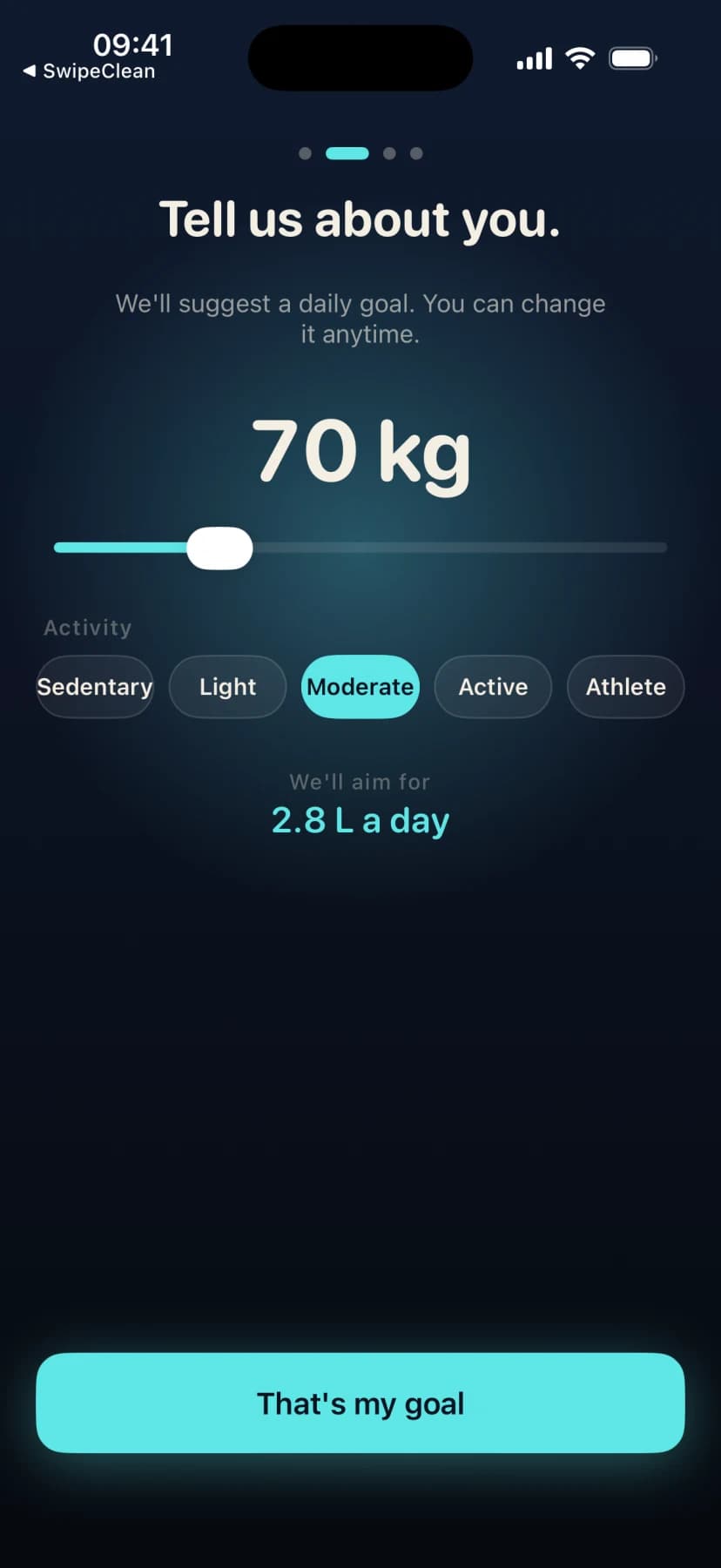 SipStreak goal setup with a weight slider, activity level, and a suggested daily liter goal