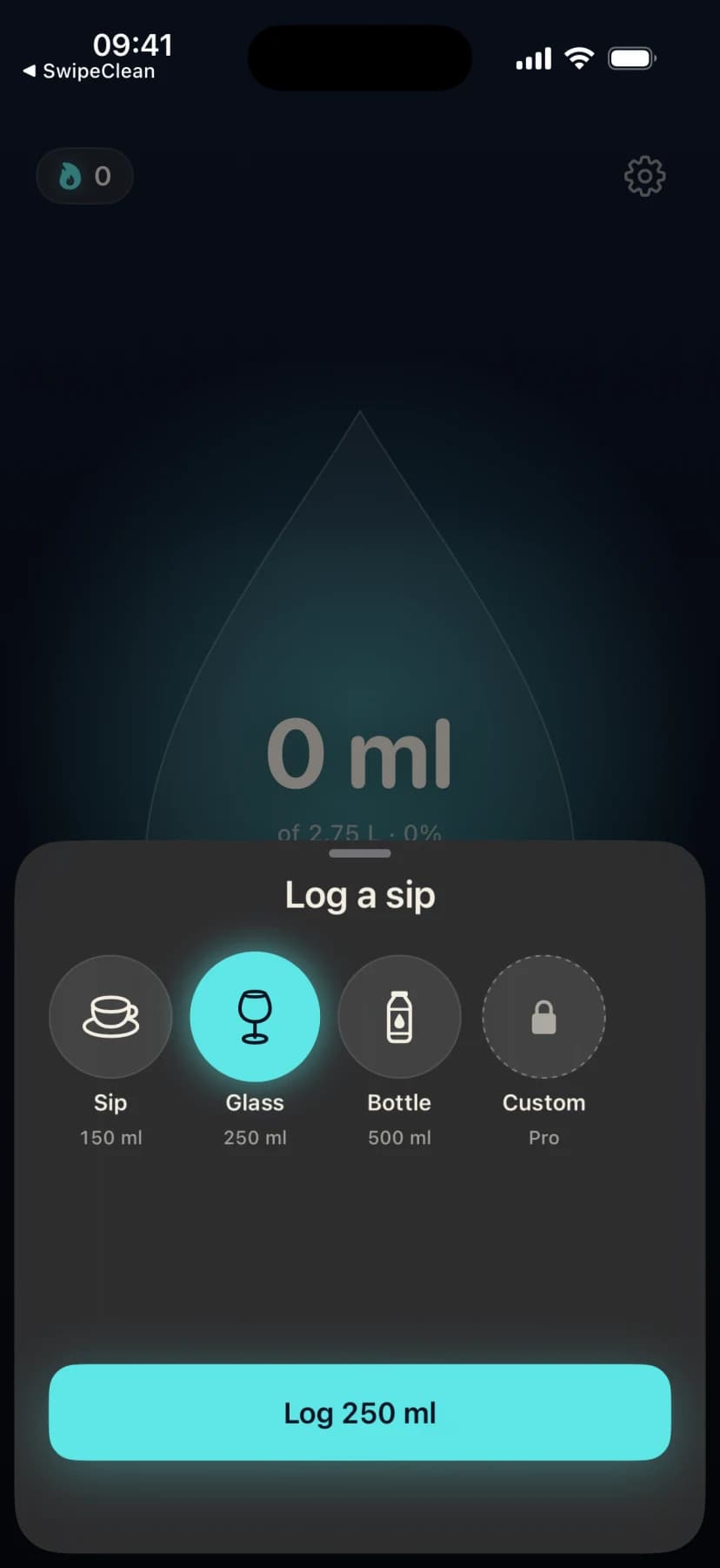SipStreak log a sip sheet with sip, glass, bottle, and custom presets