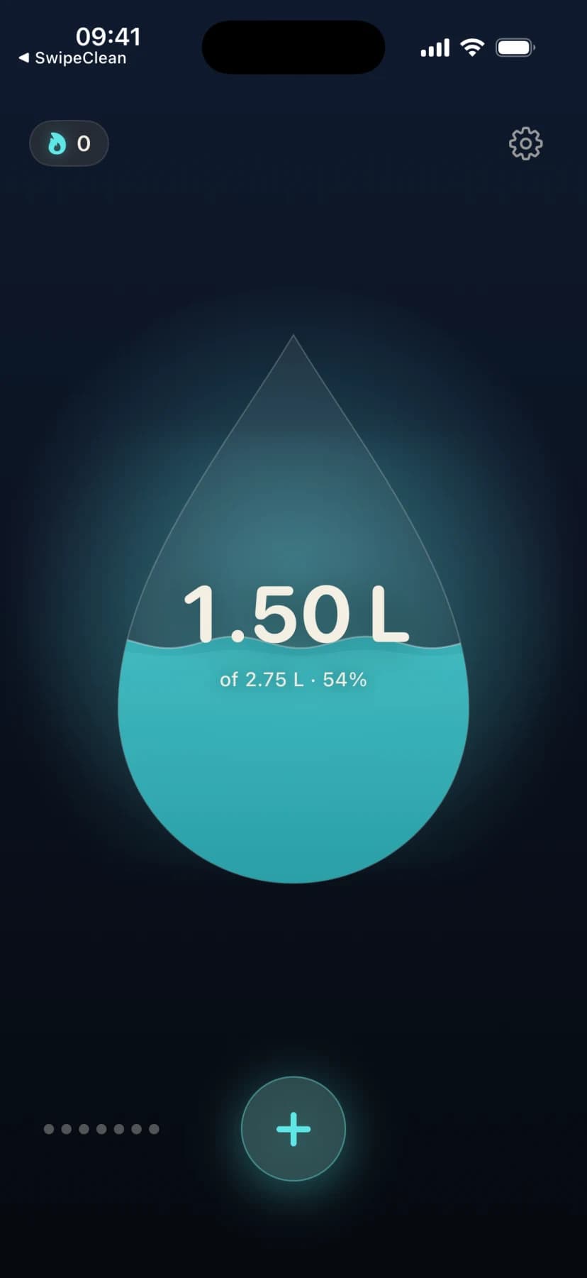 SipStreak home screen with a water drop filled to 54 percent of the daily goal