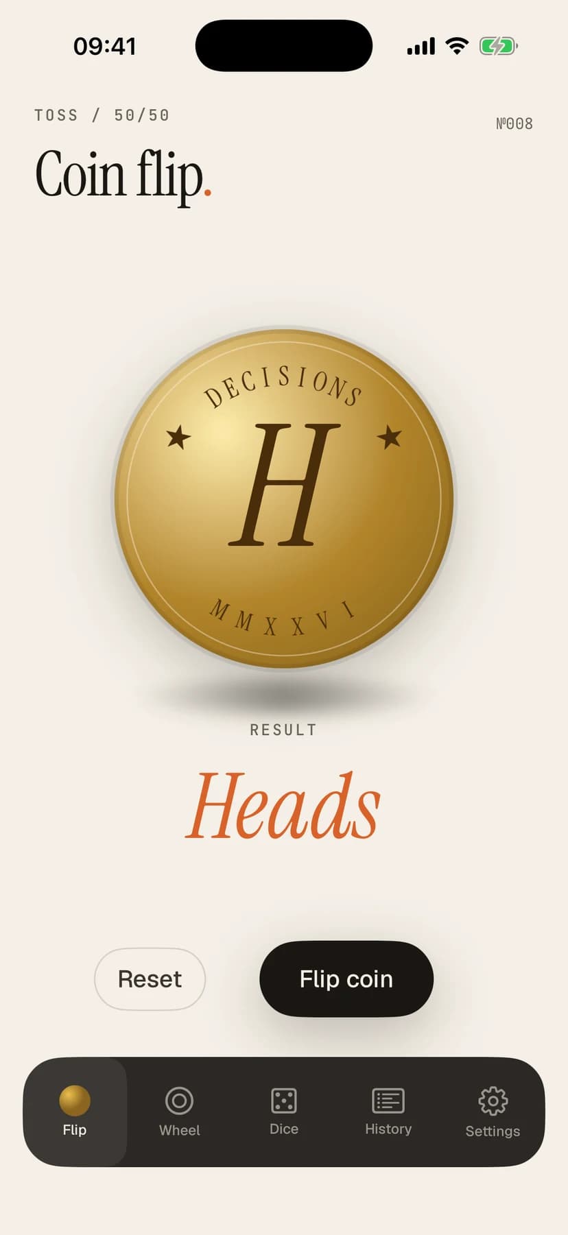 Sortes coin flip screen with a gold decisions coin and a flip button