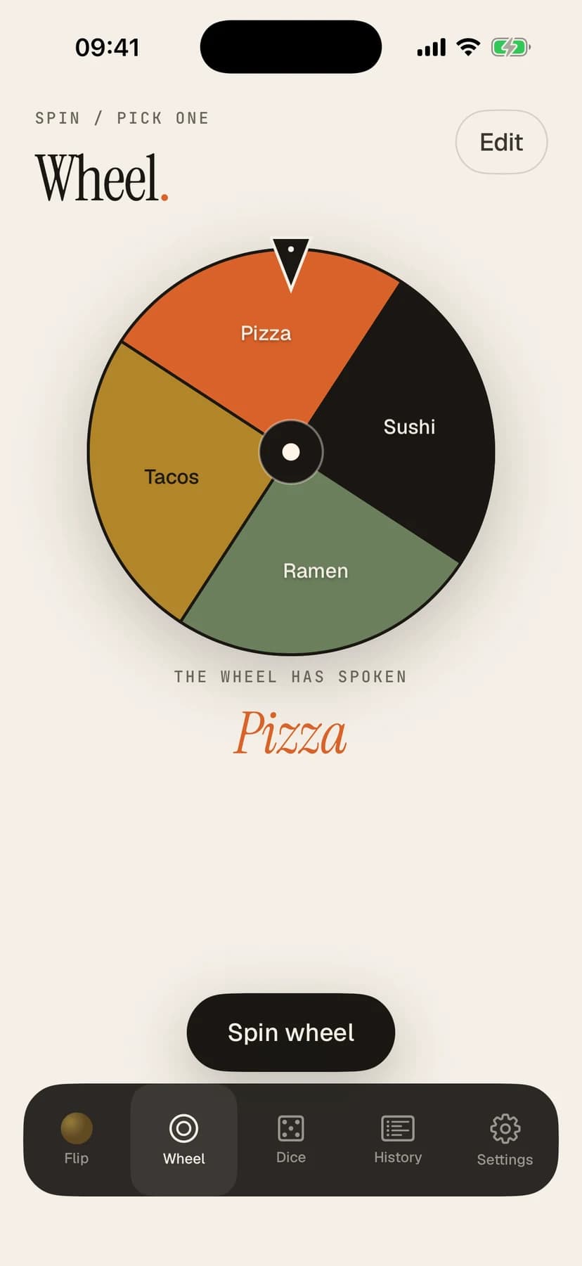 Sortes wheel spinner with custom options for pizza, tacos, ramen, and sushi