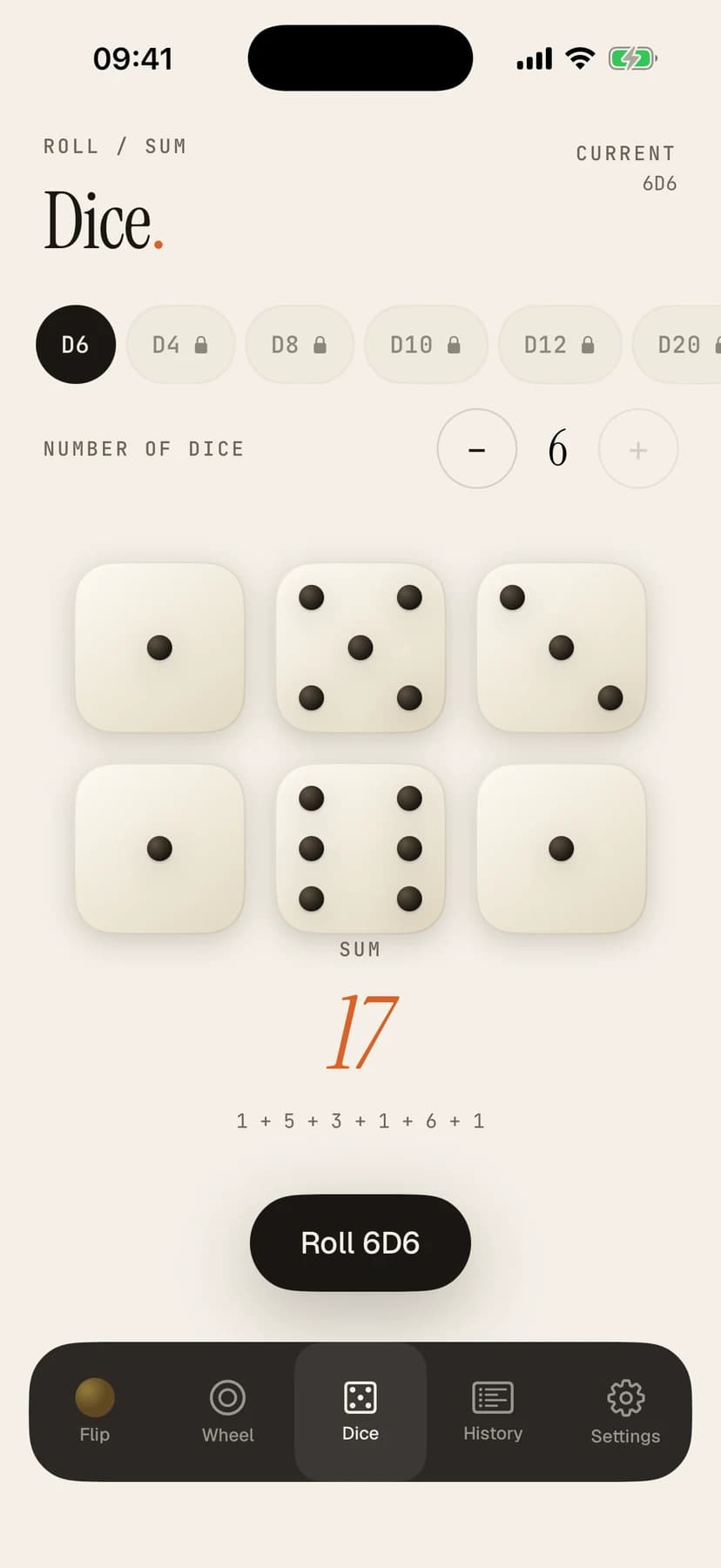 Sortes dice roller showing two dice summed to eleven