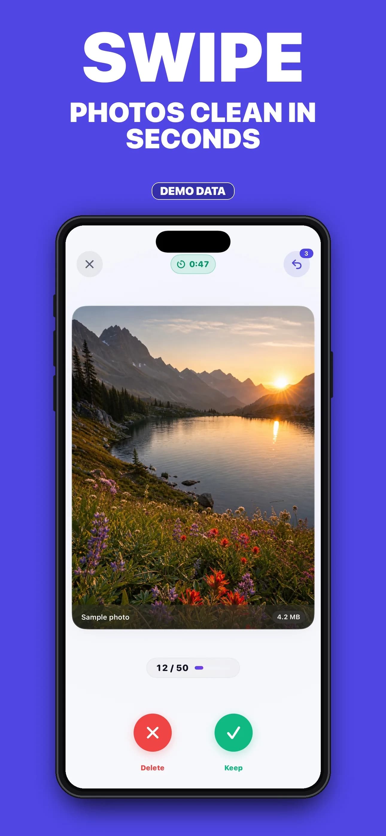 SwipeClean photo round using fictional demo media with timer, progress, delete, and keep controls