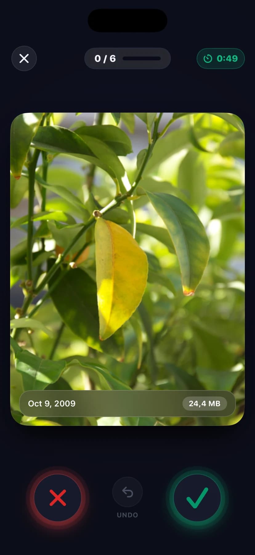 SwipeClean round in progress showing a photo with keep and delete buttons and a round timer