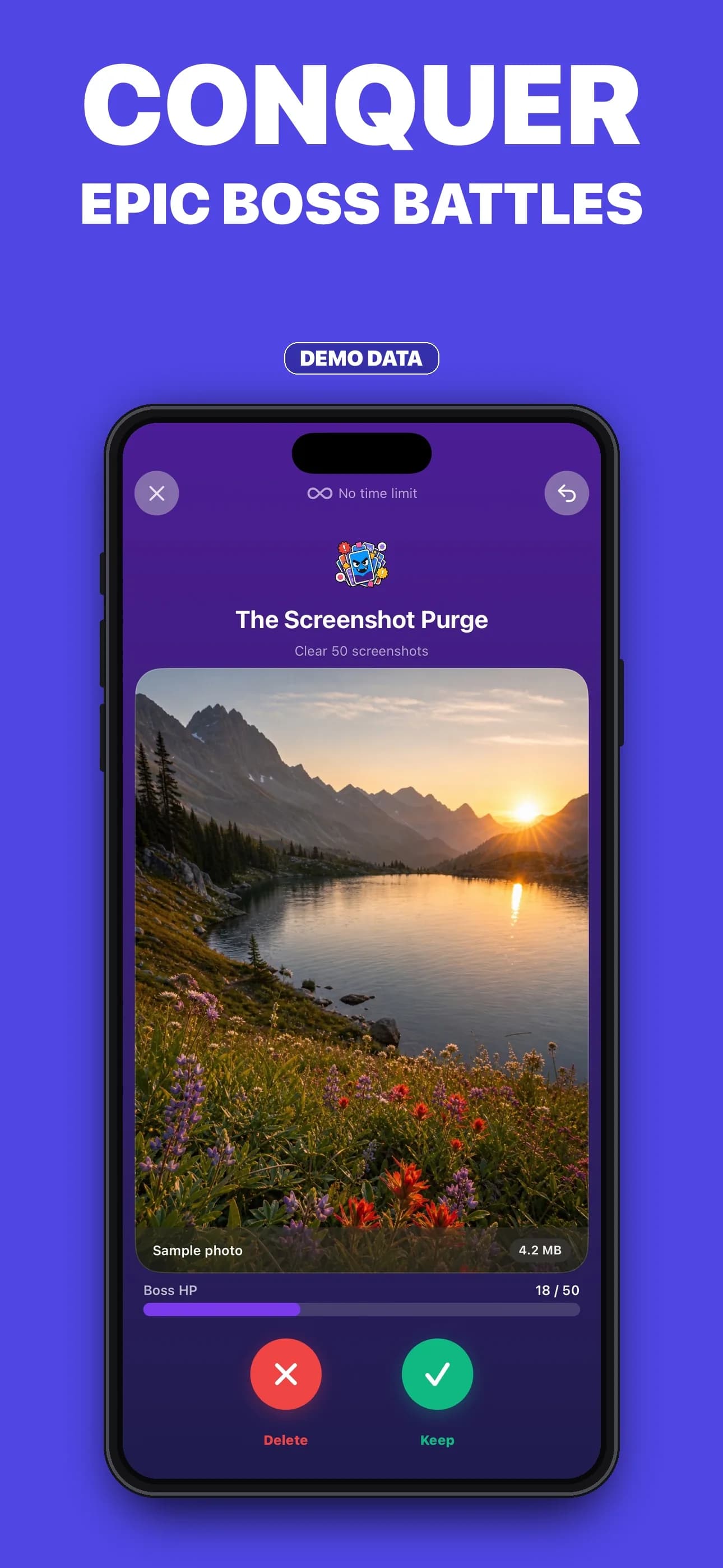 SwipeClean Screenshot Purge boss battle using fictional demo media