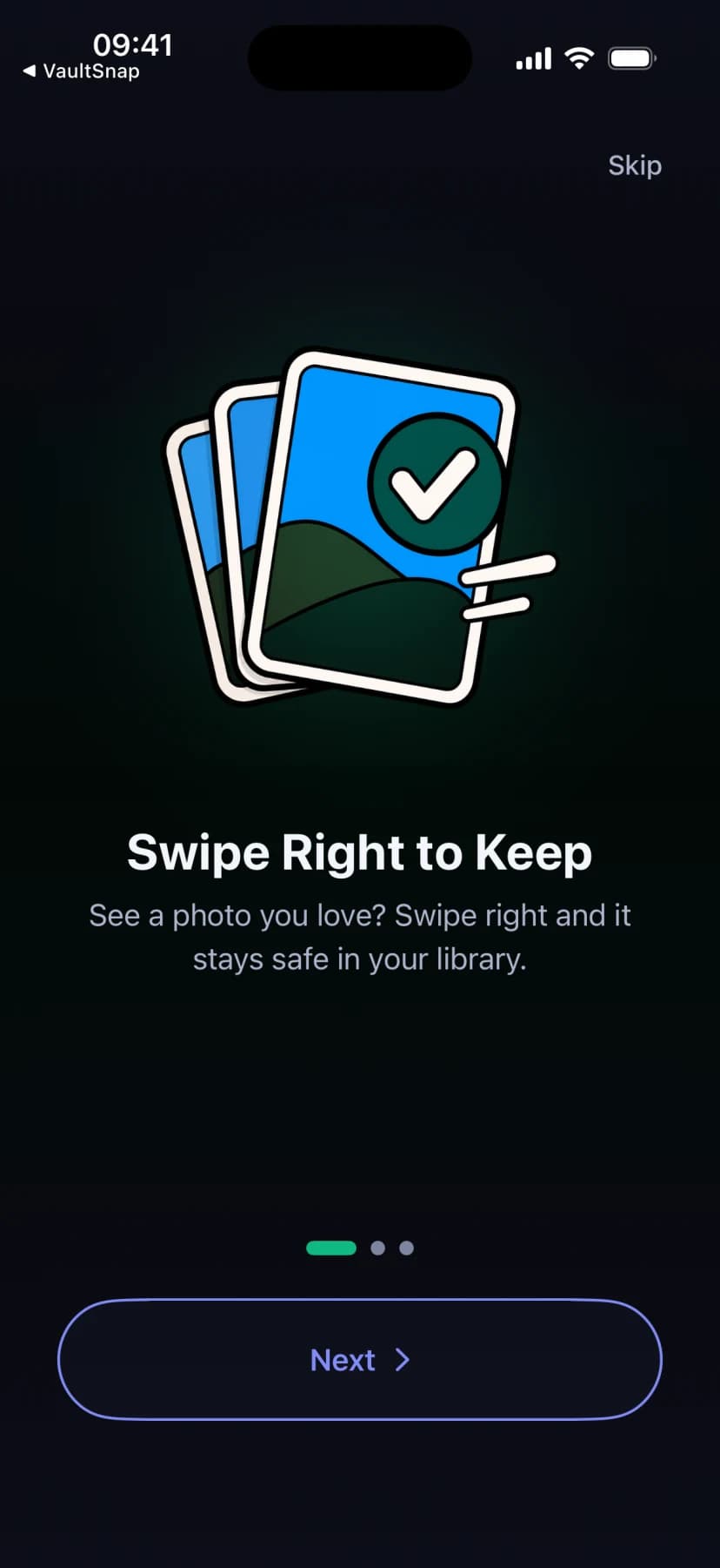 SwipeClean tutorial card explaining swipe right to keep a photo