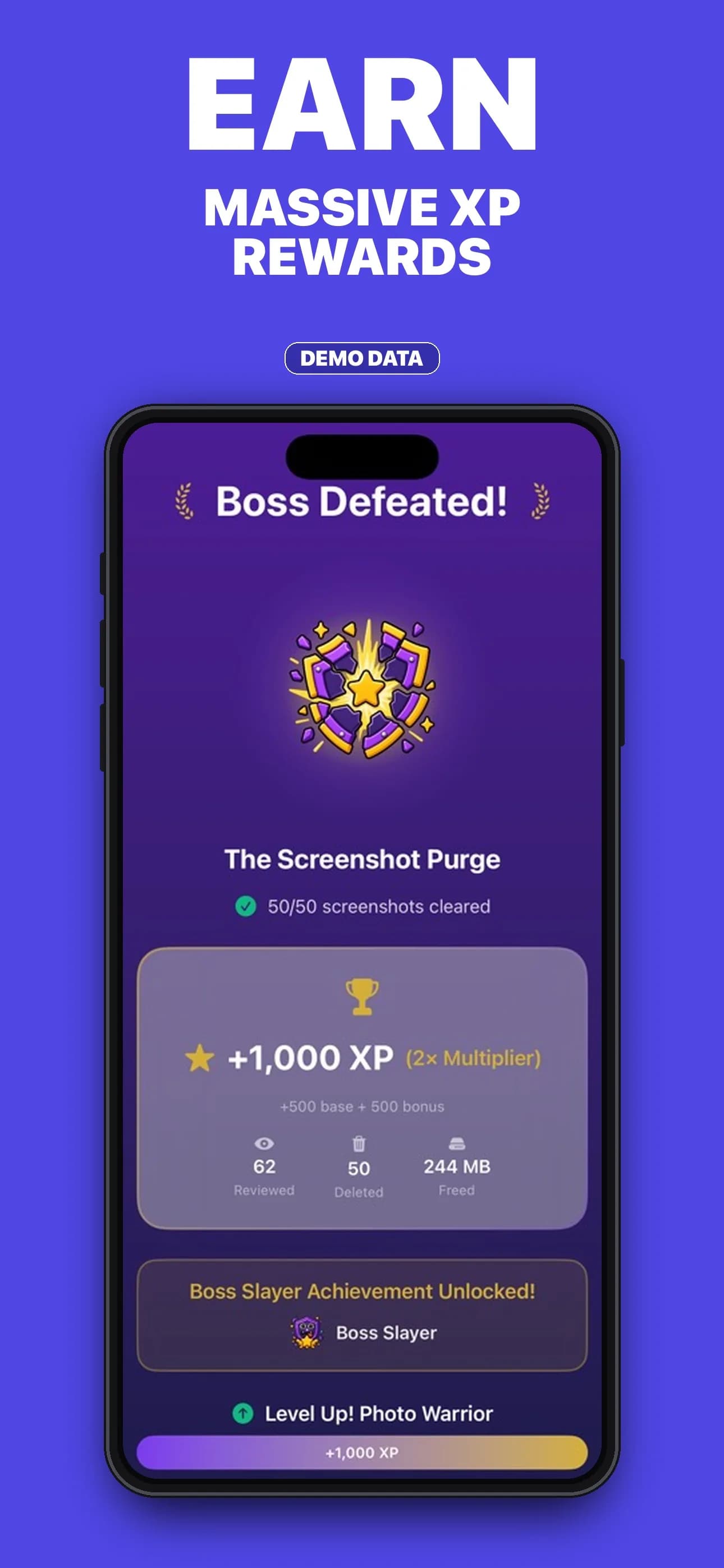 SwipeClean Boss Defeated screen with fictional XP and cleanup totals