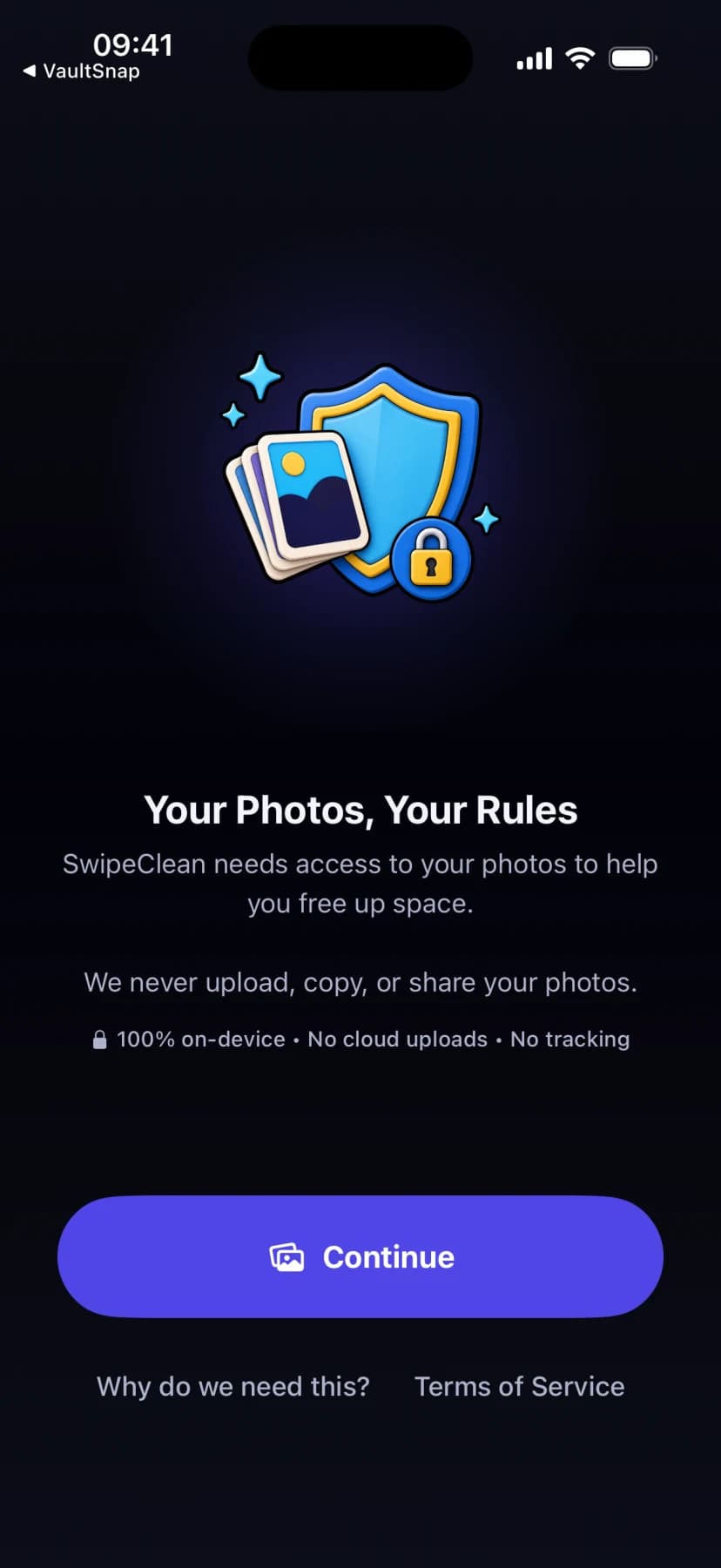 SwipeClean privacy intro screen stating photos stay on device with no uploads