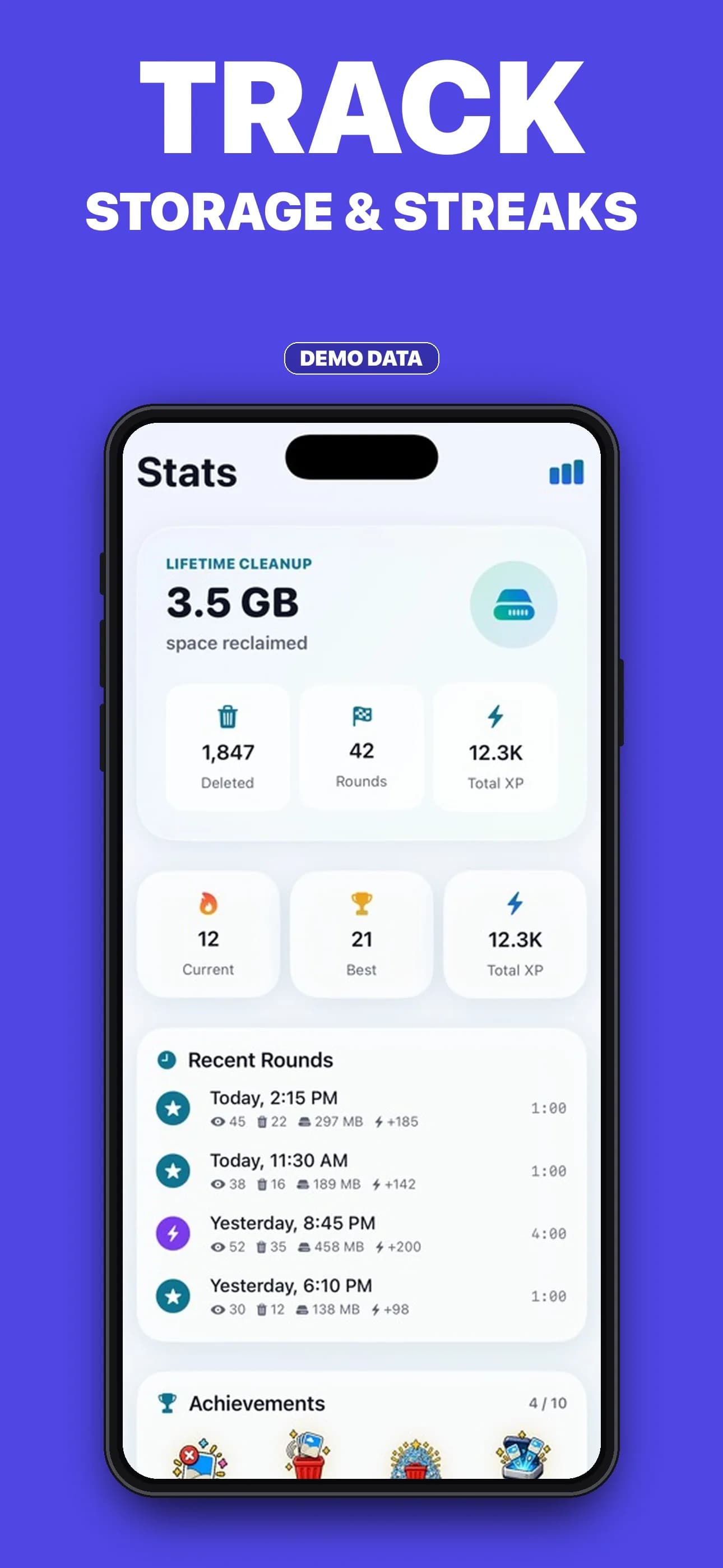 SwipeClean Stats screen with fictional storage, streak, and achievement totals