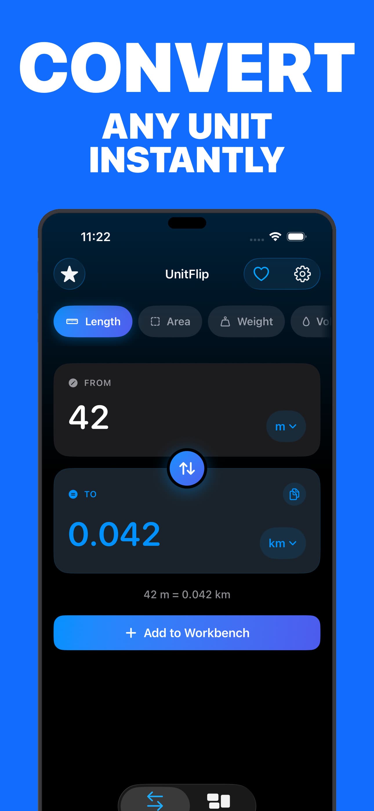 UnitFlip Convert tab showing 42 meters converted to 0.042 kilometers