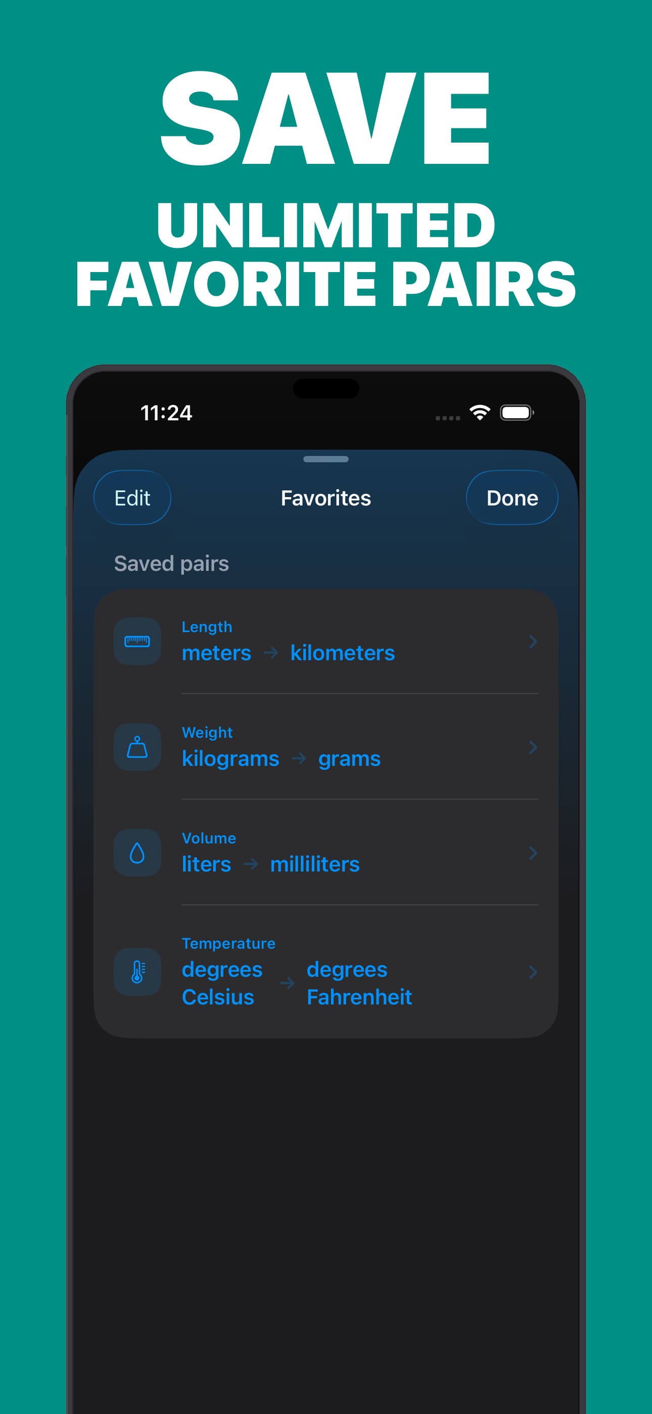 UnitFlip Favorites showing four saved conversion pairs