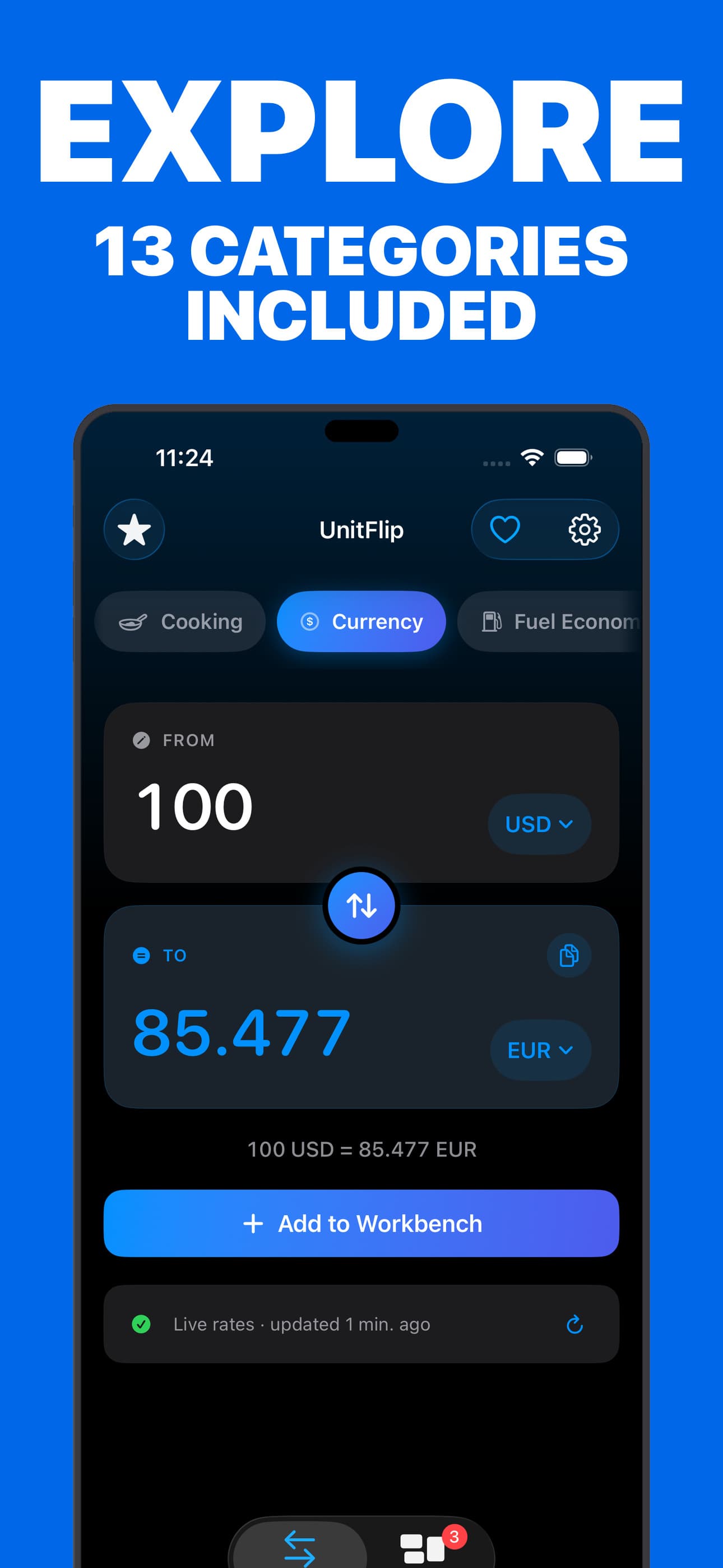 UnitFlip currency converter with the category picker open