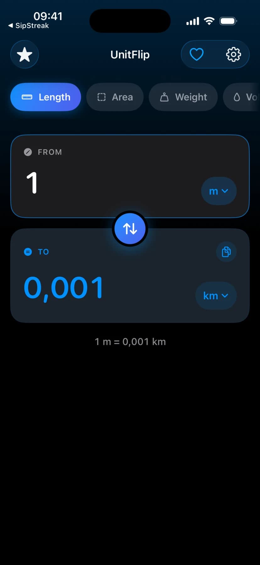 UnitFlip length converter with category tabs and a live result as you type