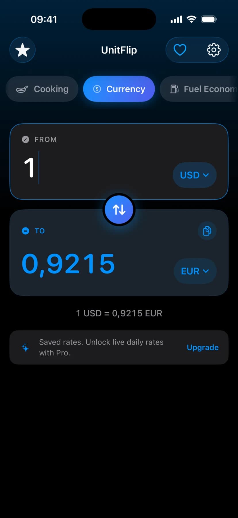 UnitFlip currency converter showing one US dollar converted to euros