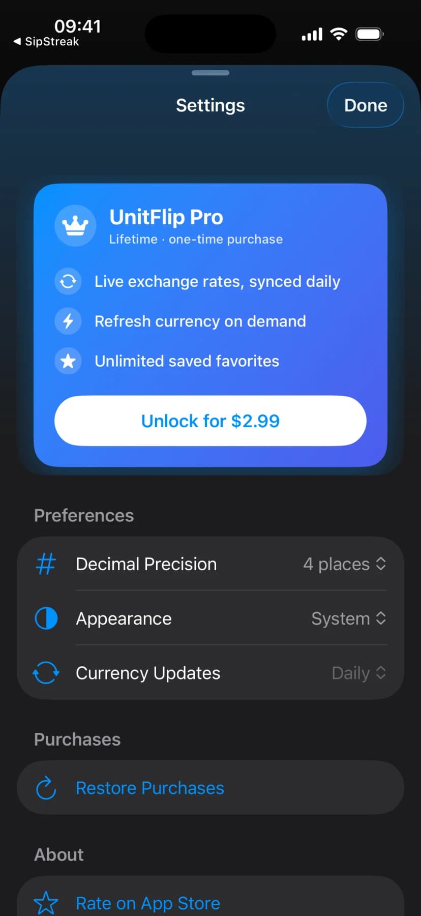UnitFlip settings showing the lifetime Pro unlock and preferences
