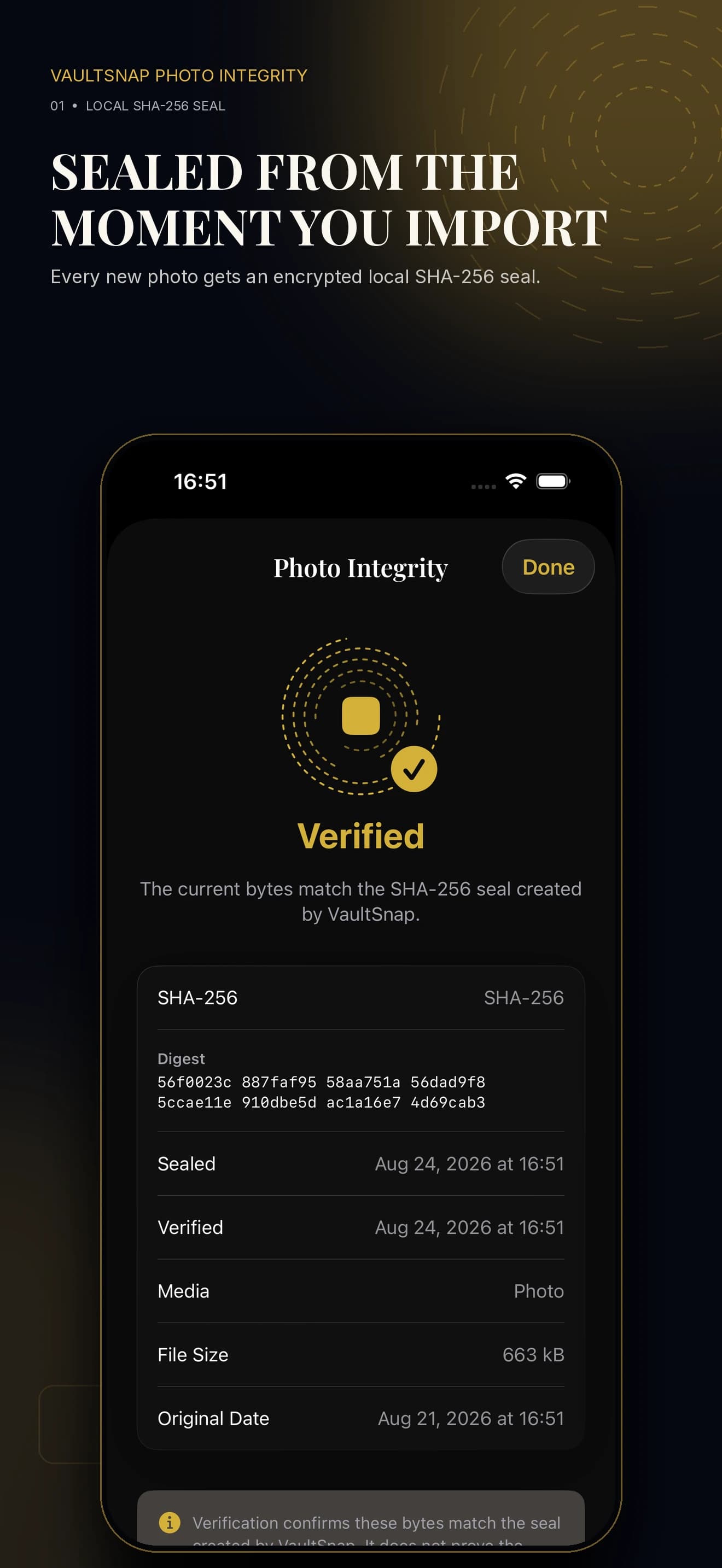 VaultSnap album screen explaining that imported media is sealed automatically