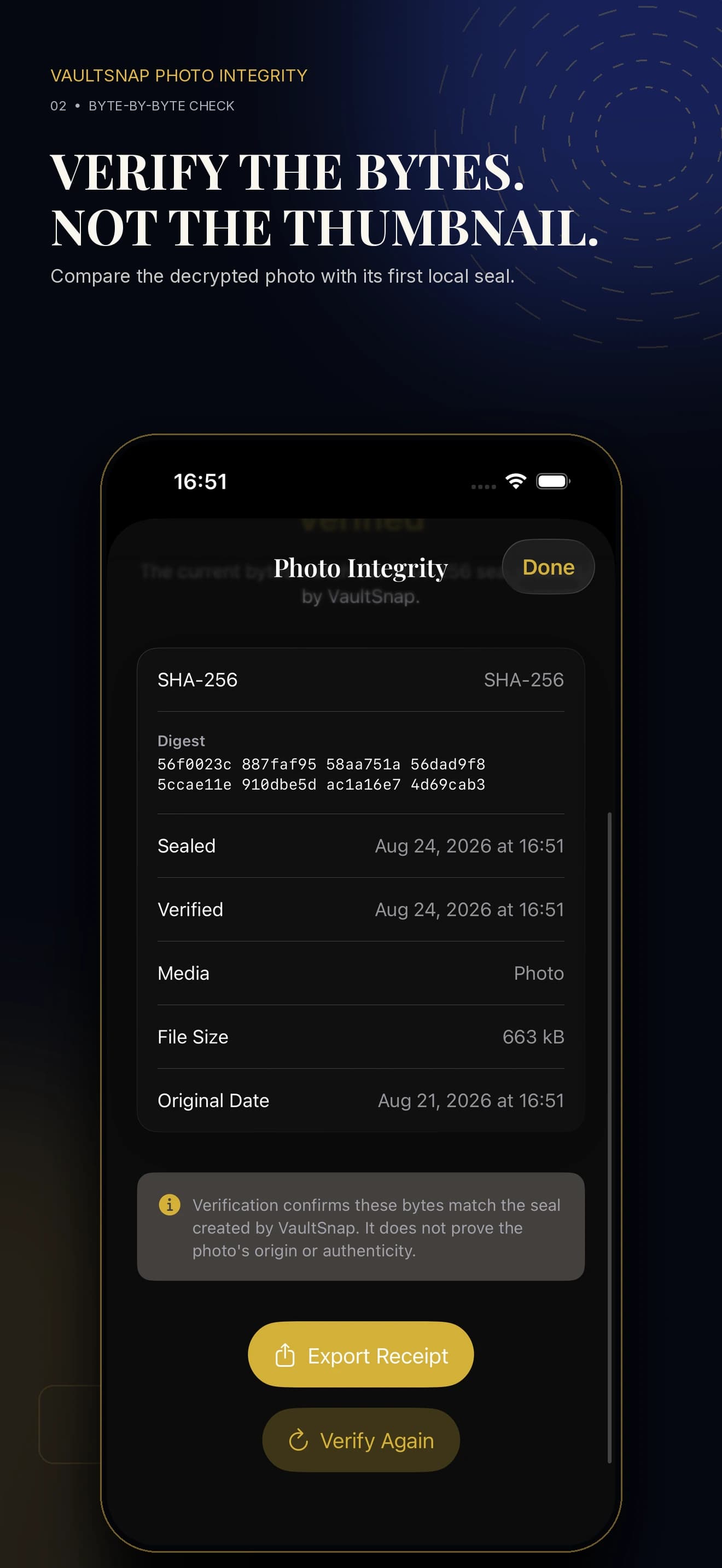 VaultSnap verified integrity sheet with a SHA-256 digest and timestamps